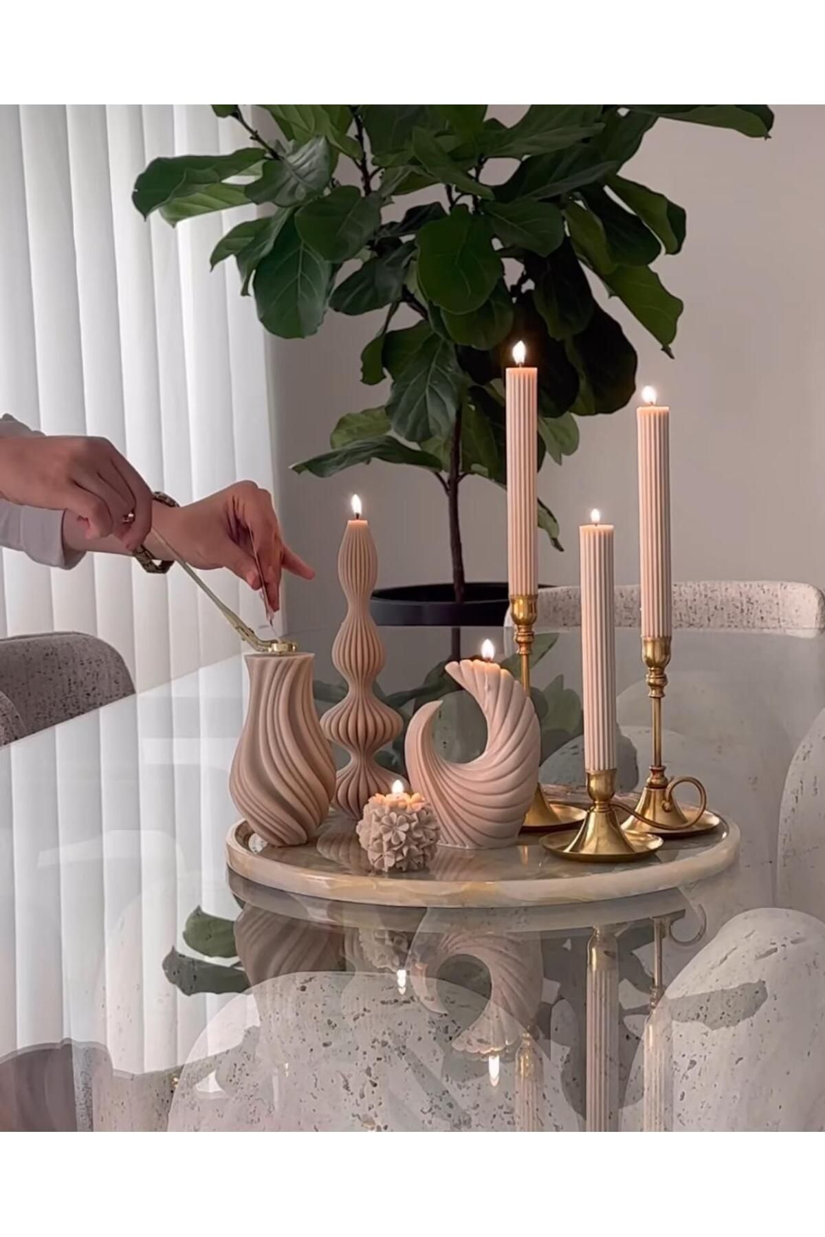 SCA CANDLE Dekoratif Mum Marako +Ay +Vazo +Gül +Çizgili Şamdan Mum toplam 7 parça