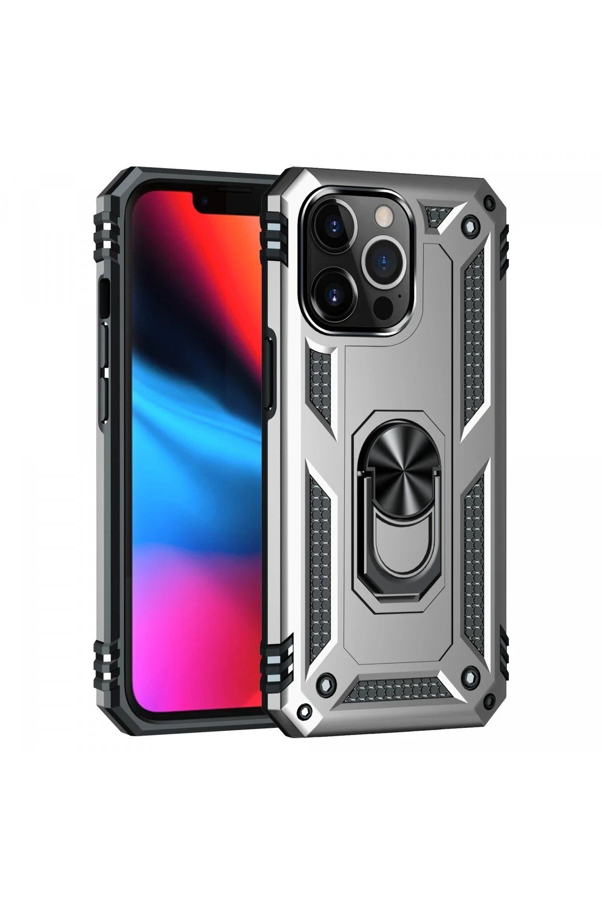 CepteToptan Newface iPhone 13 Pro Kılıf Sofya Yüzüklü Silikon Kapak - Gümüş