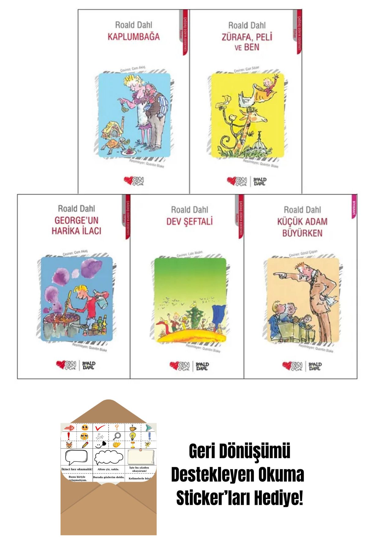 Can Yayınları Roald Dahl 5 Kitap Set / Kaplumbağa - Zürafa, Peli Ve Ben + Okuma Sticker'ları