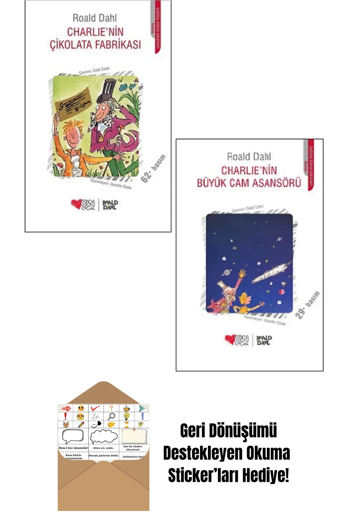 Can Yayınları Charlie'nin Çikolata Fabrikası - Charlie'nin Büyük Cam Asansörü 2 Kitap Set + Okuma Sticker'ları