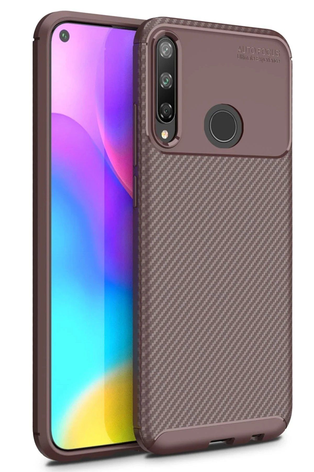 BIGBOYCL Huawei P40 Lite E Kılıf Auto Focus Karbon Kapak - Kahverengi – Darbe Koruma