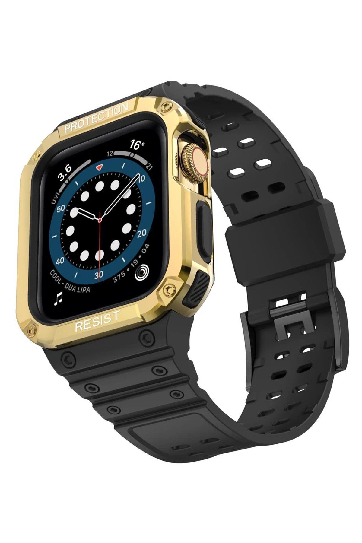CepteToptan Newface Apple Watch 42mm KR401 Silikon Kordon - Siyah-Gold