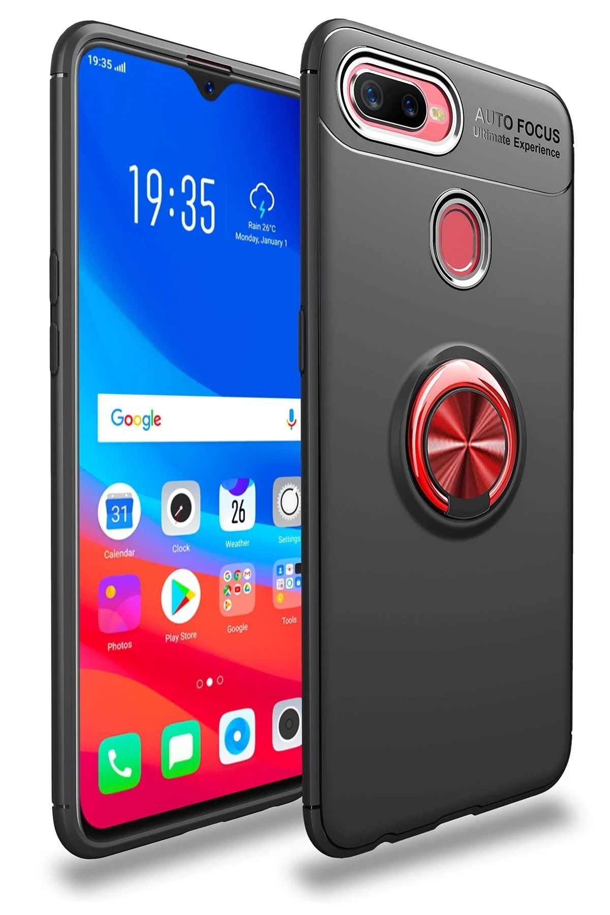 CepteToptan Newface Oppo A12 Kılıf Range Yüzüklü Silikon - Siyah-Kırmızı