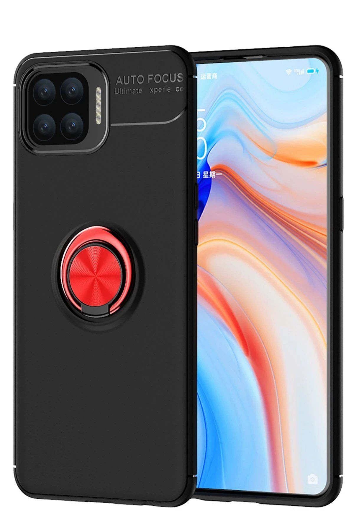 CepteToptan Newface Oppo A73 Kılıf Range Yüzüklü Silikon - Siyah-Kırmızı