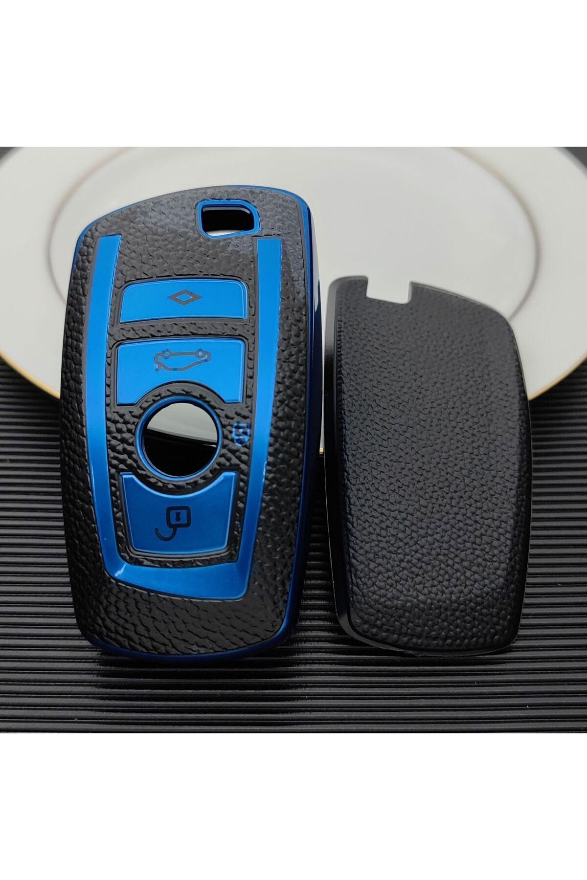 Alazpay BMW 1 3 5 7 Serisi F30 F25 F20 F18 F16 F15 F10 & X1 X3 X4 X5 Deri Görünüm TPU Anahtar Kılıfı (Mavi)