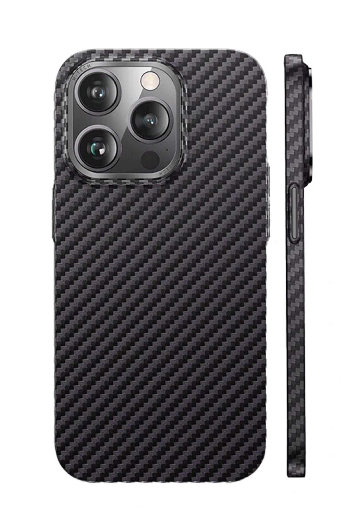 CepteToptan Newface iPhone 14 Pro Kılıf Metalik Karbon Kapak - Siyah