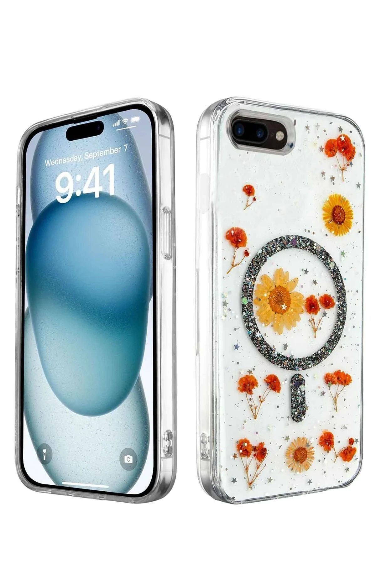 CepteToptan Newface iPhone 7 Plus Kılıf Daisy Simli Magsafe Kapak - Siyah