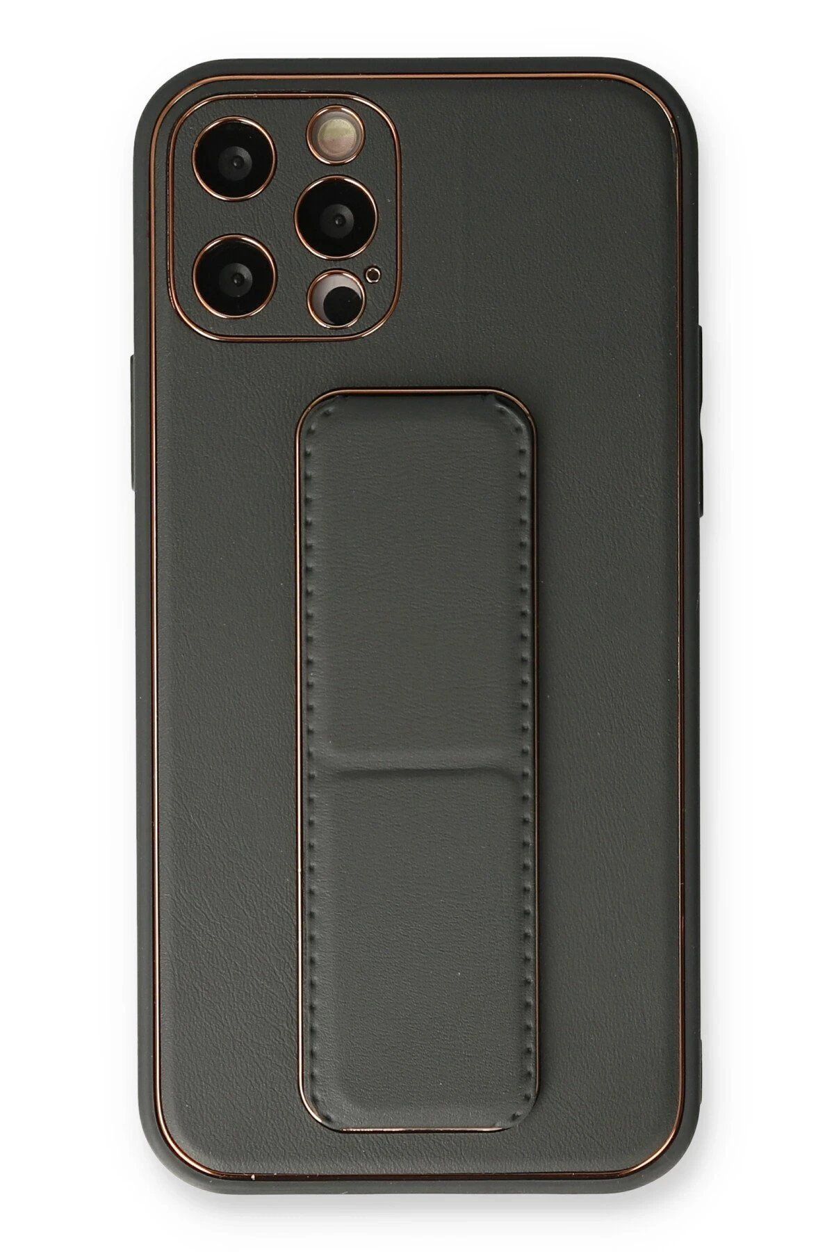 CepteToptan Newface iPhone 12 Pro Max Kılıf Coco Deri Standlı Kapak - Füme
