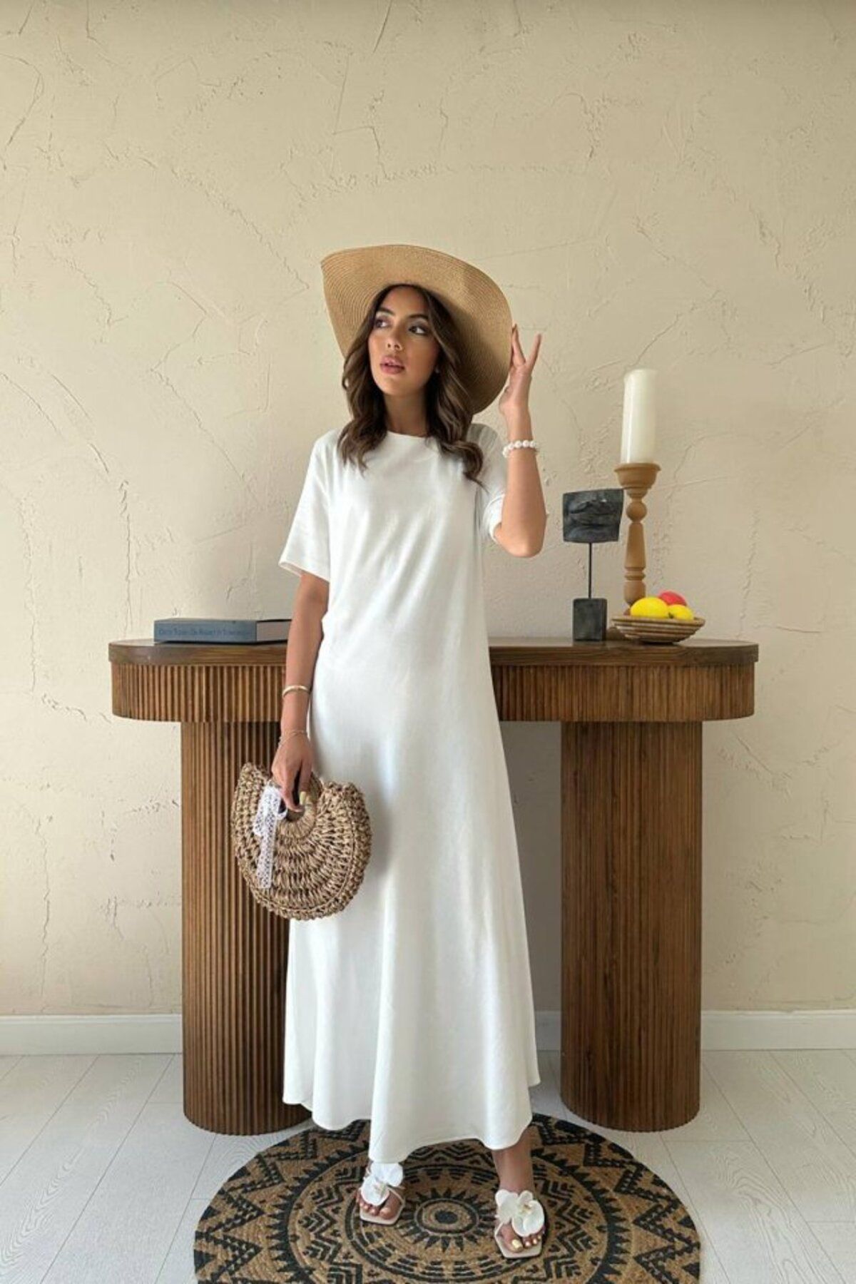 velmorafashion Ekru Pileli Bisiklet Yaka Elbise