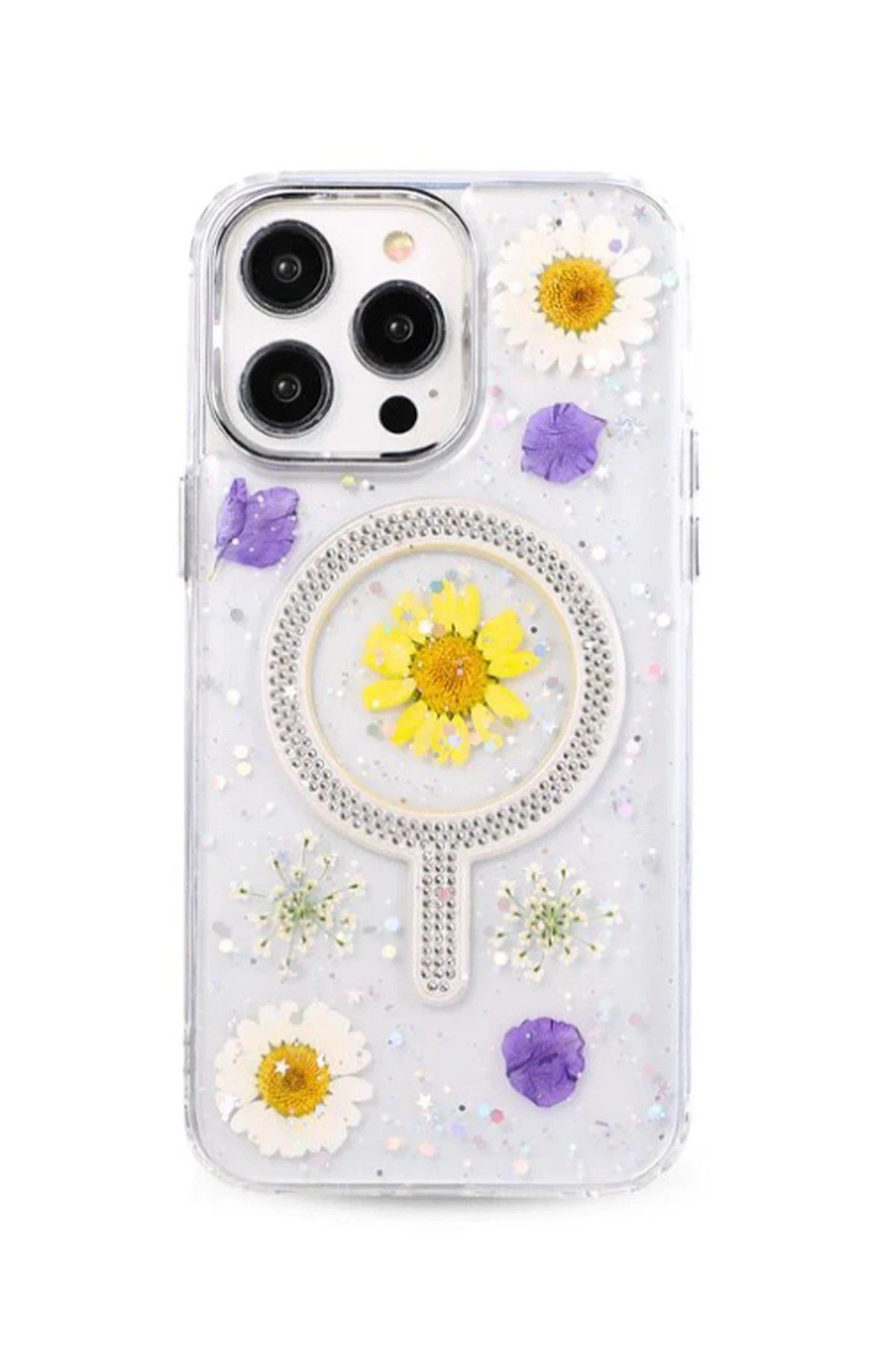 CepteToptan Newface iPhone 15 Pro Flower Magsafe Kapak - Sarı