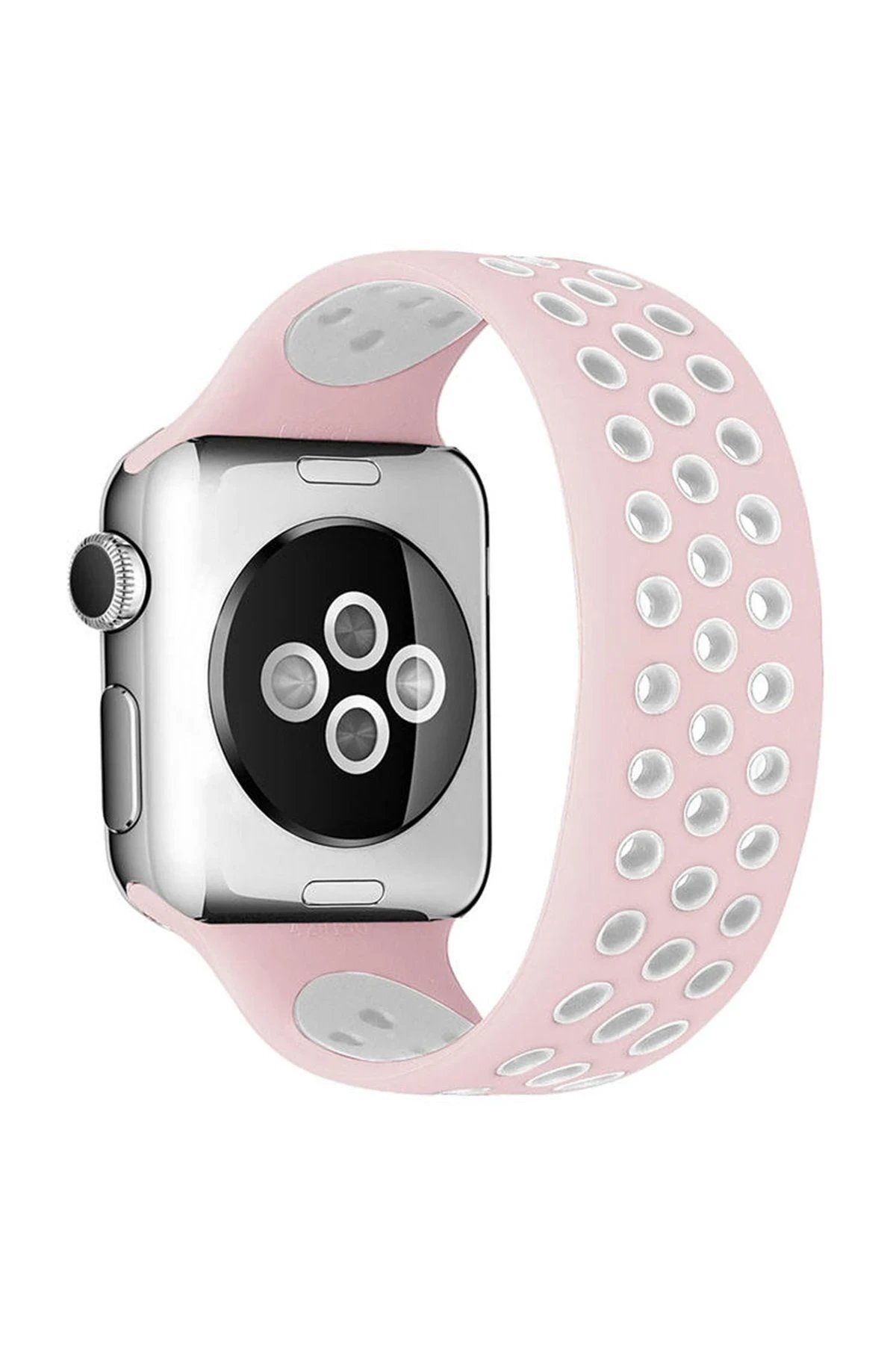 CepteToptan Newface Apple Watch 42mm Ayarlı Delikli Silikon Kordon - Pembe-Beyaz