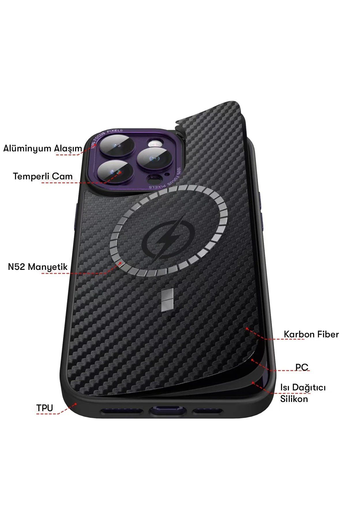 CepteToptan Newface iPhone 14 Pro Kılıf Harbon Magneticsafe Karbon Kapak - Derin Mor