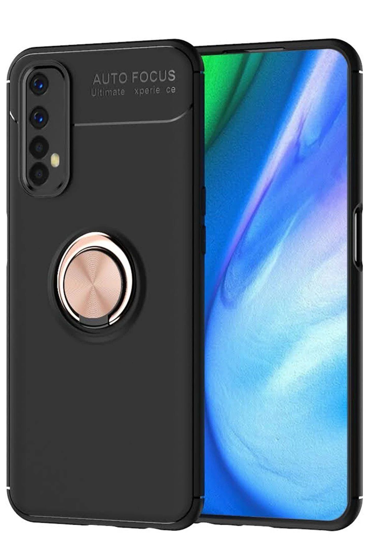 CepteToptan Newface Realme 7 Kılıf Range Yüzüklü Silikon - Siyah-Gold