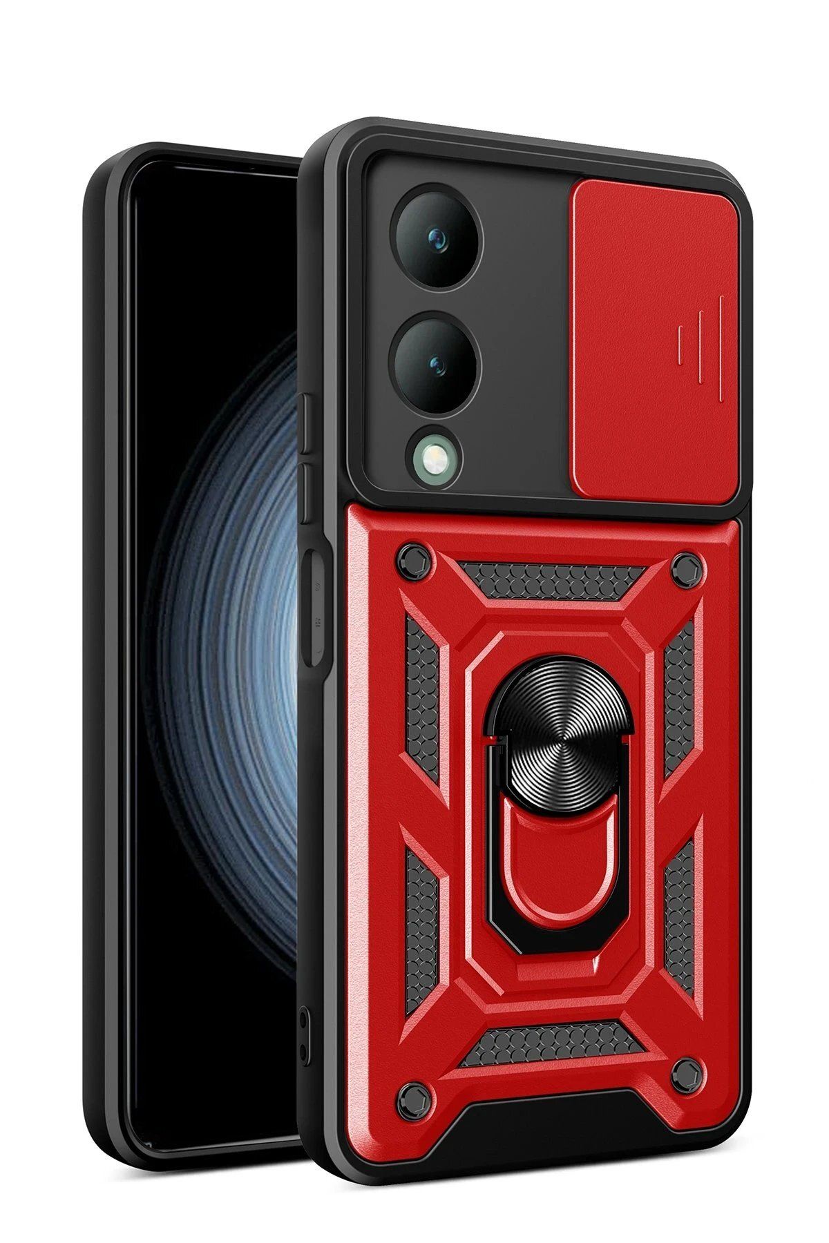 CepteToptan Newface Vivo Y17S Kılıf Pars Lens Yüzüklü Silikon - Kırmızı
