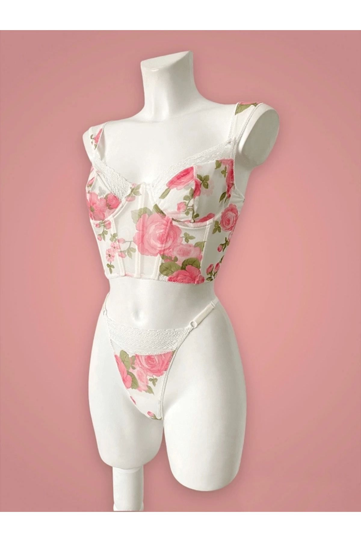 Butik Pembe Güllü Büstiyer Takım