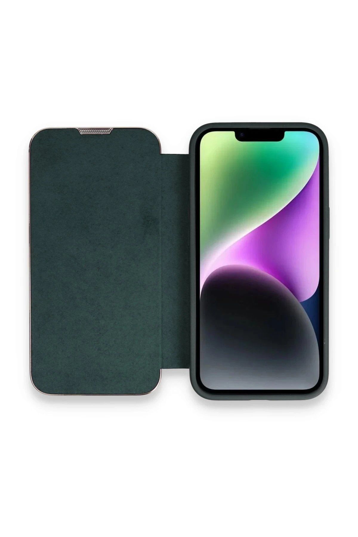 Toptan Bulurum Newface iPhone 14 Pro Max Kılıf Dolpin Kapaklı - Koyu Yeşil