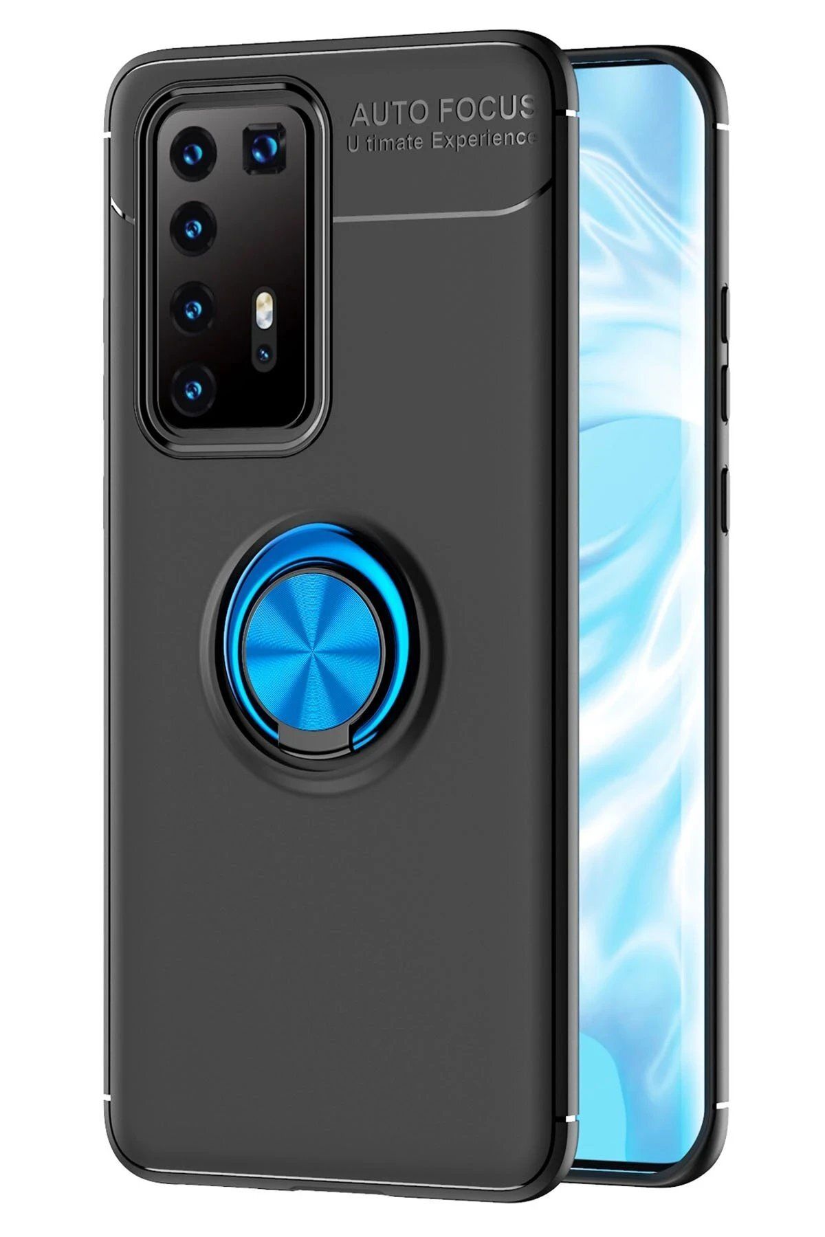 CepteToptan Newface Huawei P40 Pro Kılıf Range Yüzüklü Silikon - Siyah-Mavi