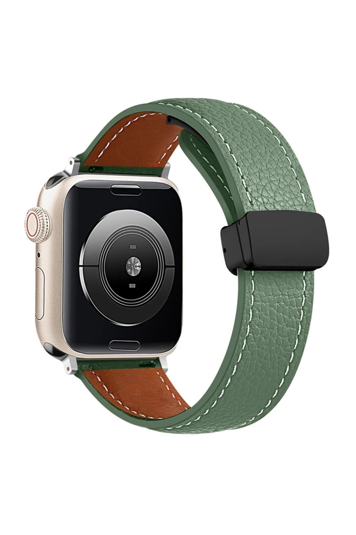 CepteToptan Newface Apple Watch 38mm KR414 Daks Deri Kordon - Koyu Yeşil