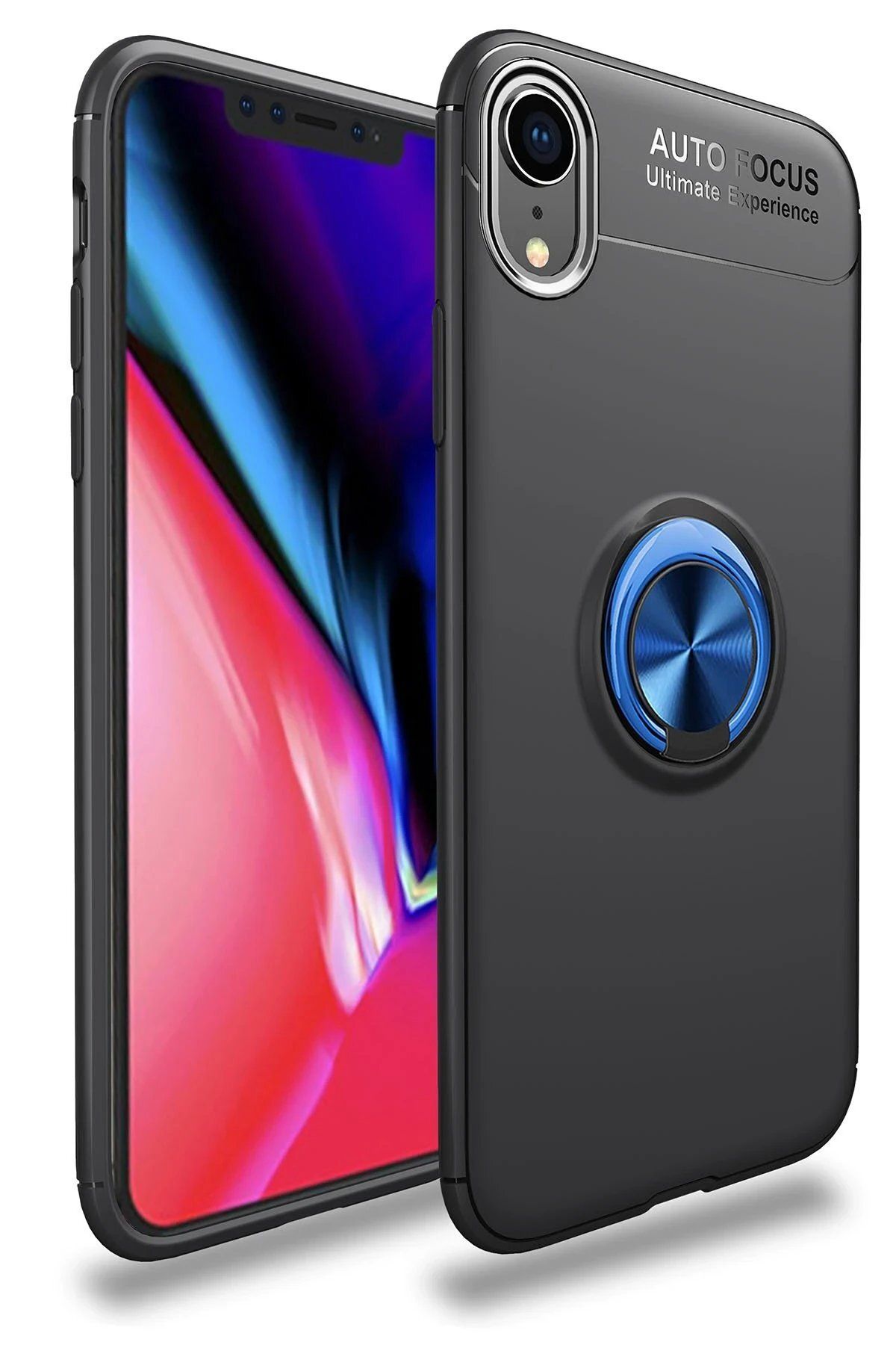 CepteToptan Newface iPhone XR Kılıf Range Yüzüklü Silikon - Siyah-Mavi
