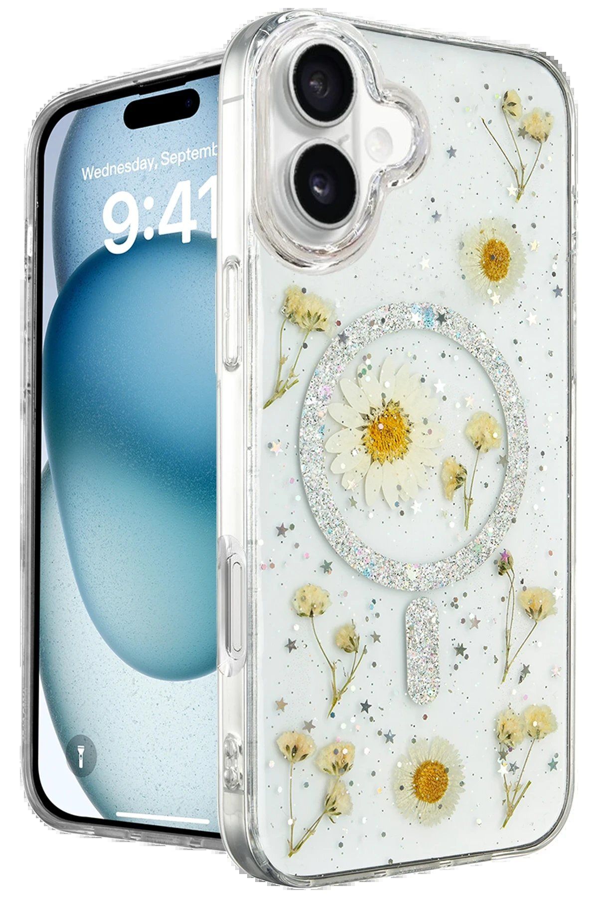 CepteToptan Newface iPhone 16 Kılıf Daisy Simli Magsafe Kapak - Gümüş