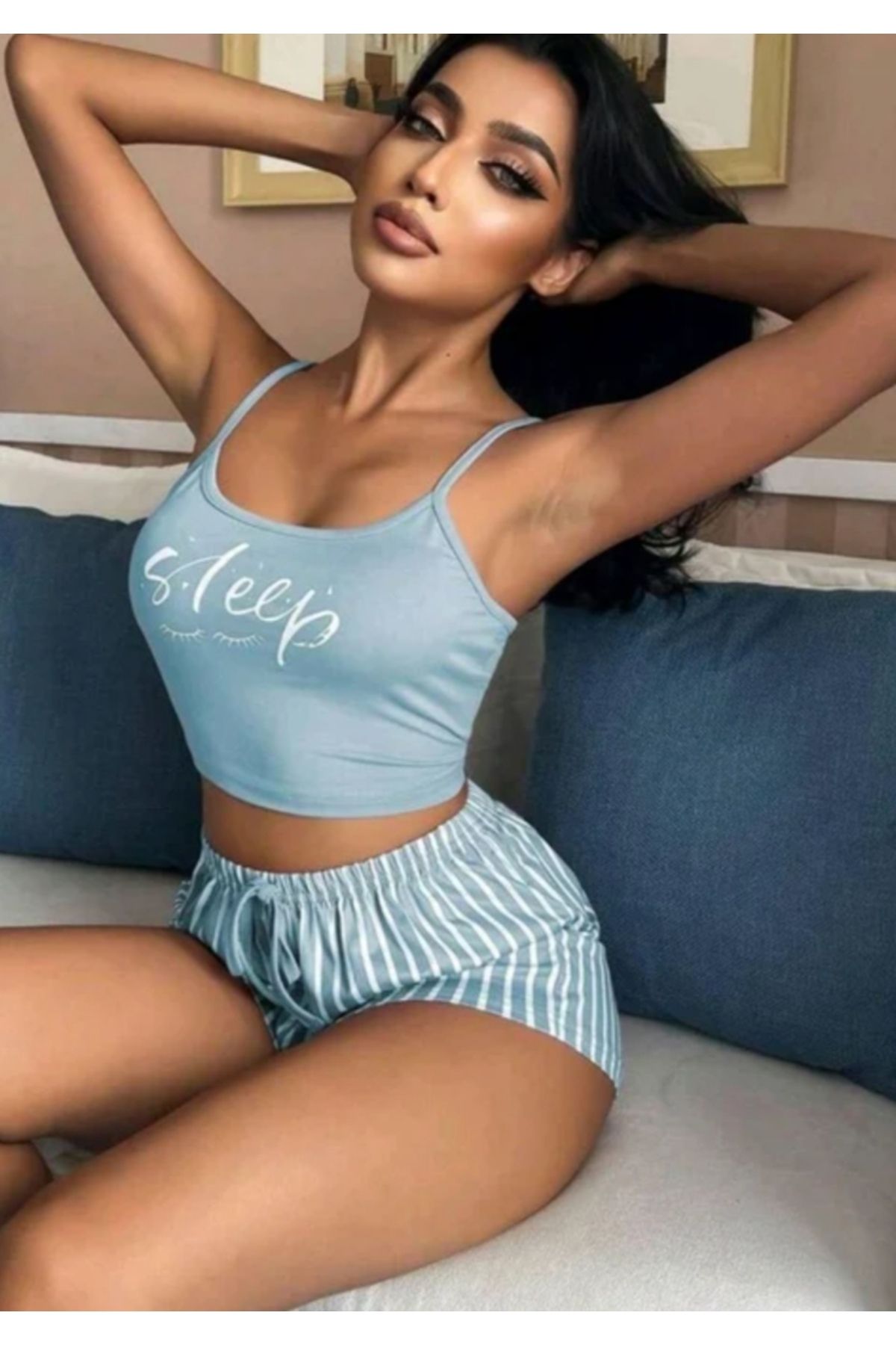 Ruselin Kadın Mavi ÇİZGİLİDesenli Askılı Şortlu Pijama Takım 9001