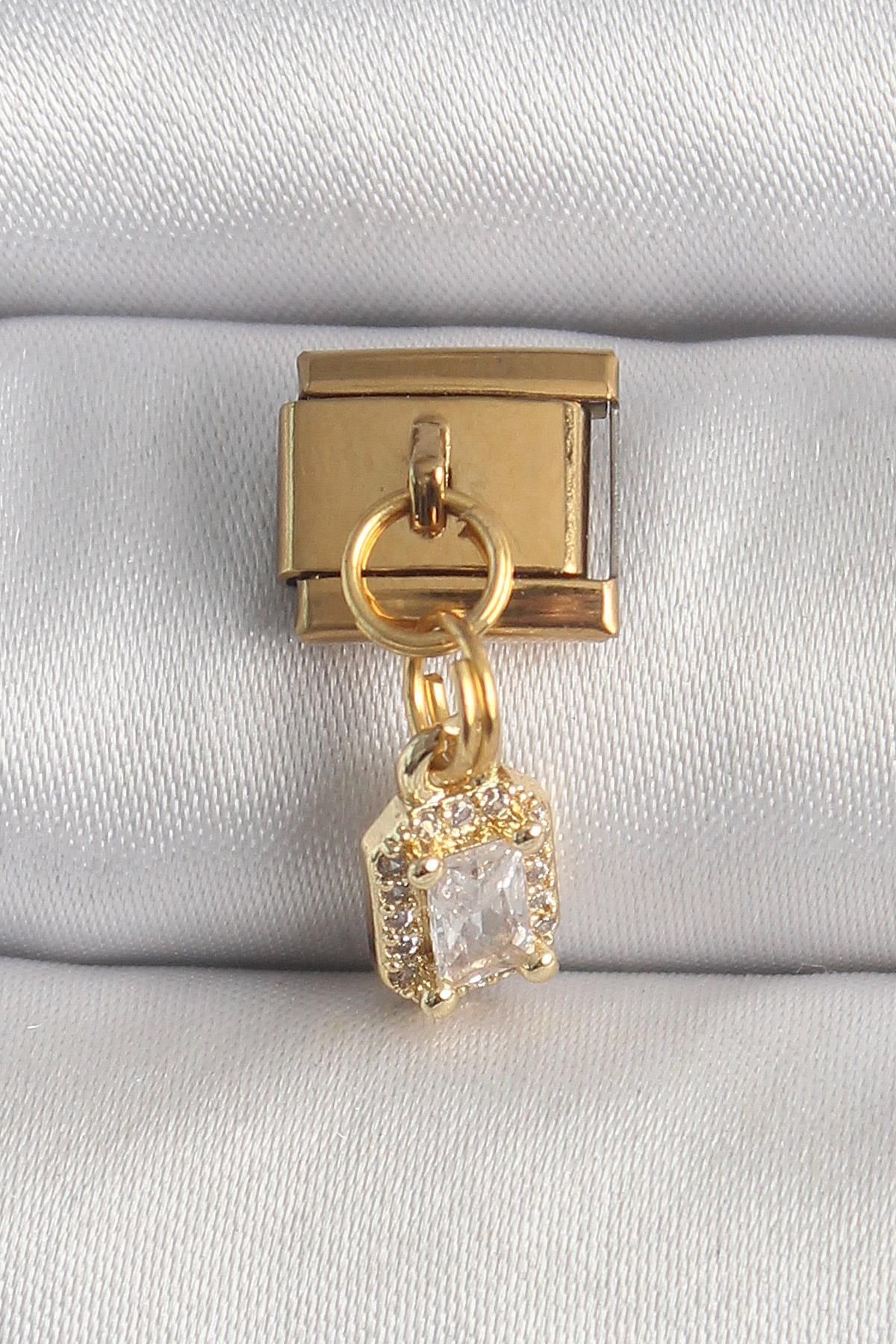 prativas 316L Çelik Gold Renk Sallantı Zirkon Taşlı Kare Model Nomination Charm
