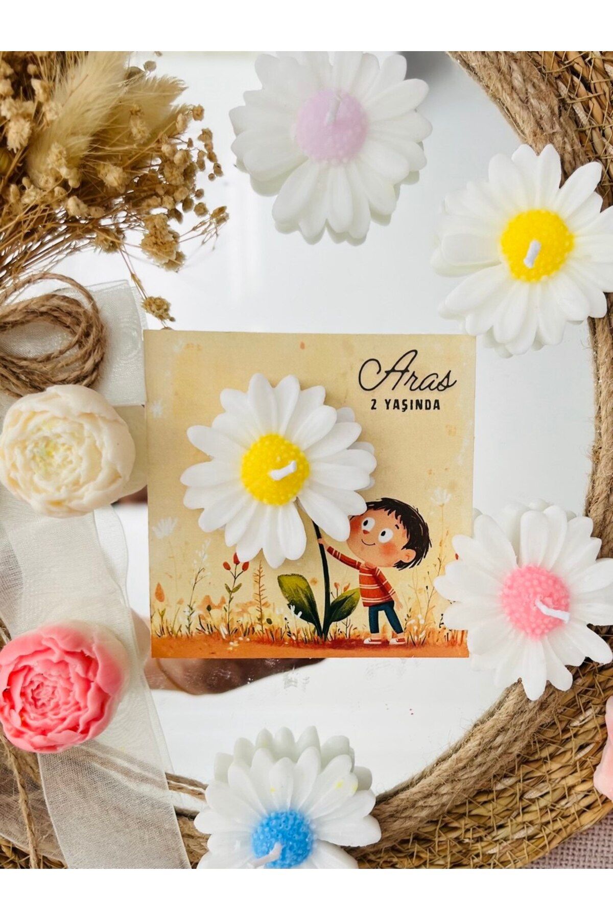 GUGES 10 Adet Özel Tasarlanmış Kart Ve Papatya Mum. Bebek Doğum, Baby Shower, Doğum Günü, Hediyelik