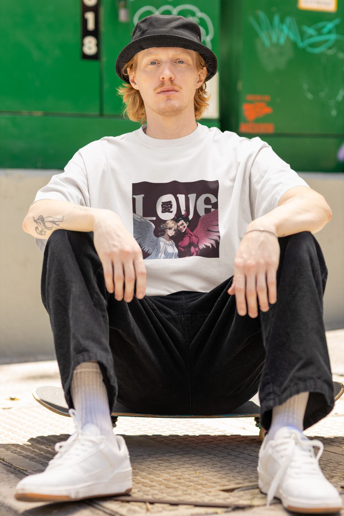 Was Plus Unisex Beyaz Oversize %100 Pamuklu "Love" Baskılı Melek ve Şeytan Tasarımlı T-shirt