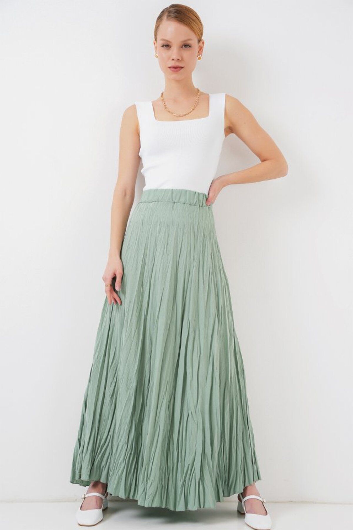 Gökyüzü Moda Uzun Kırışık Etek 8042 - Çağla