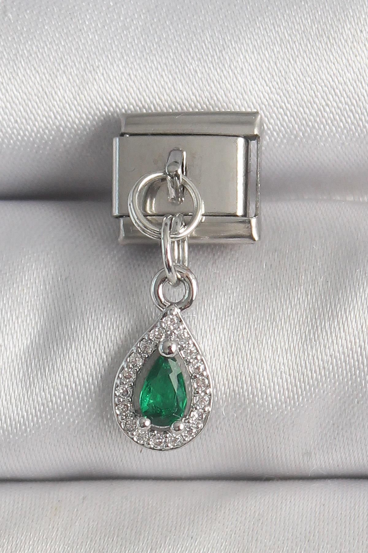 prativas 316L Çelik Gümüş Renk Sallantı Yeşil Zirkon Taşlı Damla Model Nomination Charm