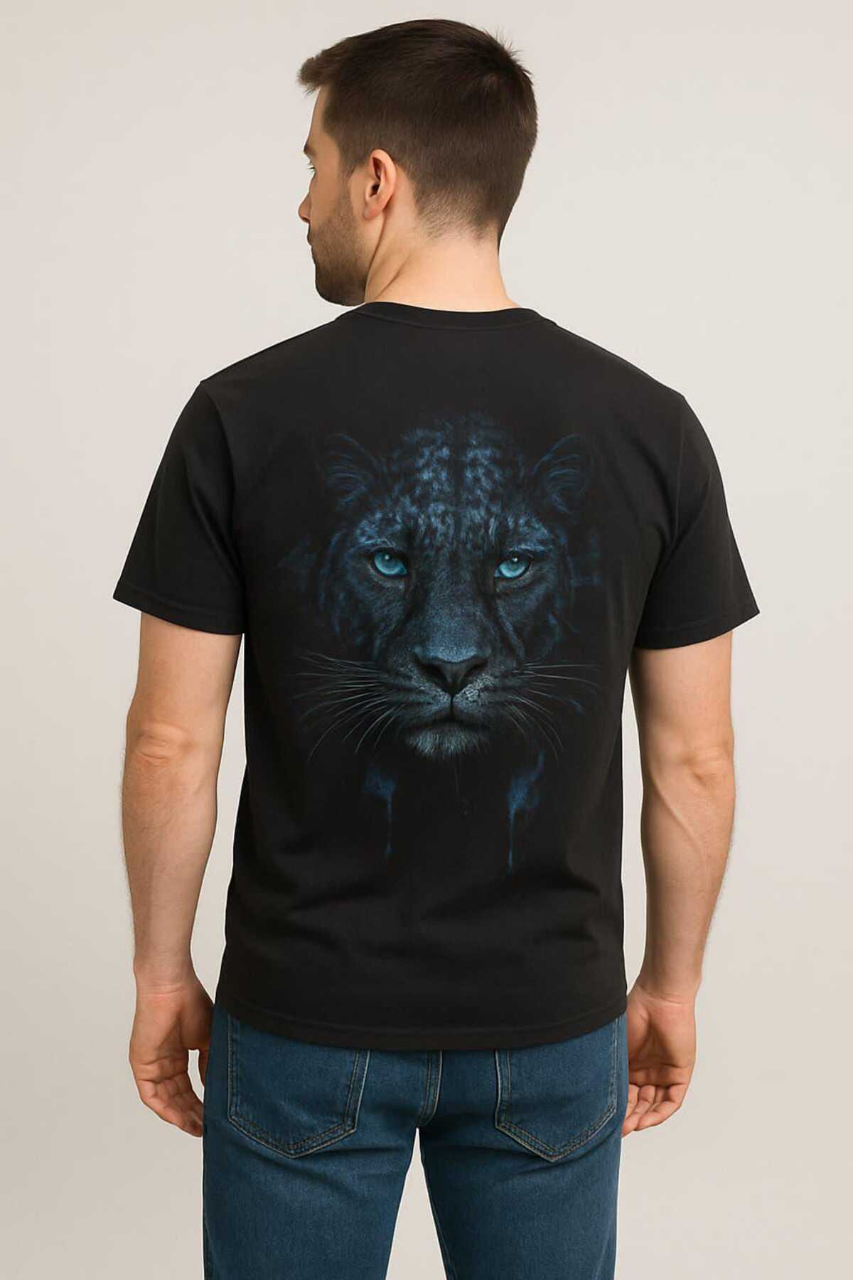 Siyah Kaplan Baskılı Erkek Tshirt