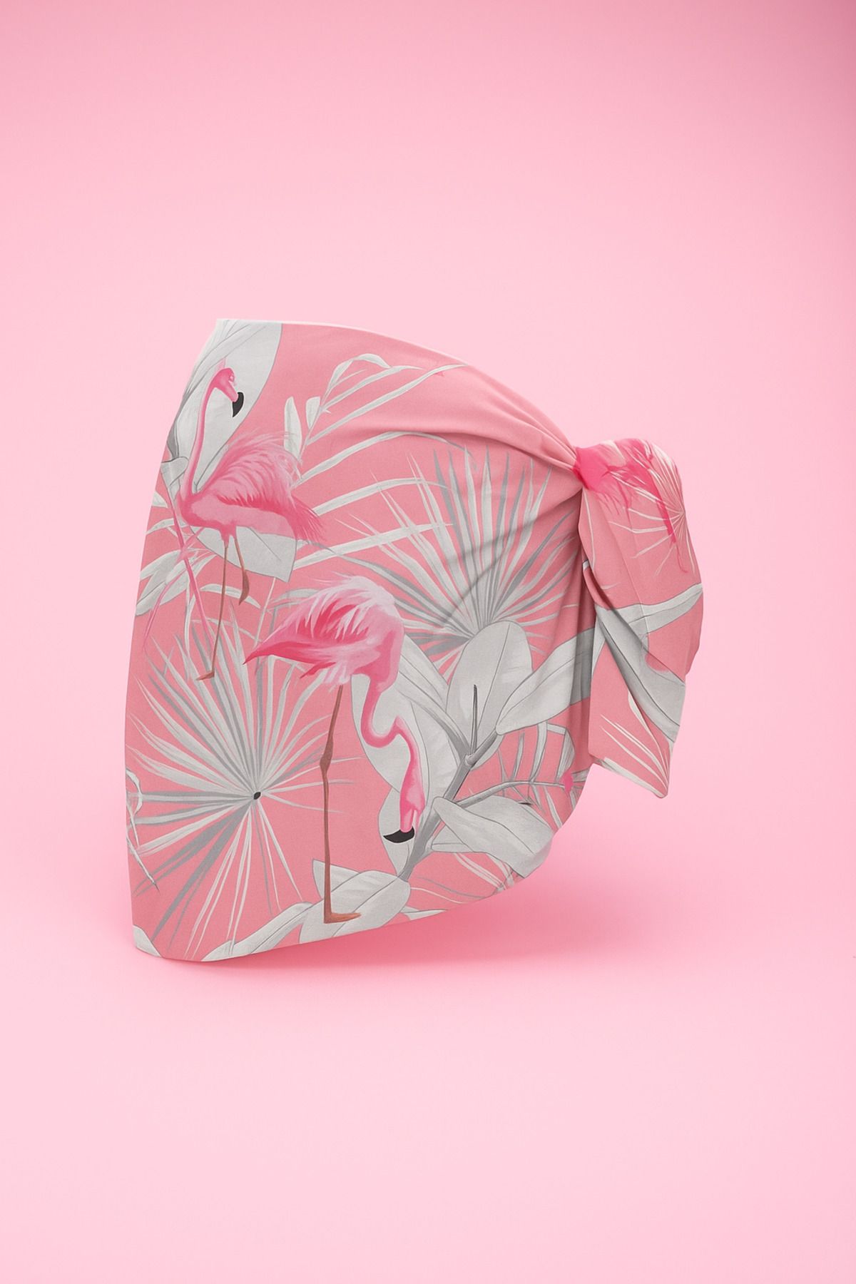 pistore Pembe Flamingo Desenli Kısa Pareo Saten Kadın Plaj Elbisesi Yeni Sezon