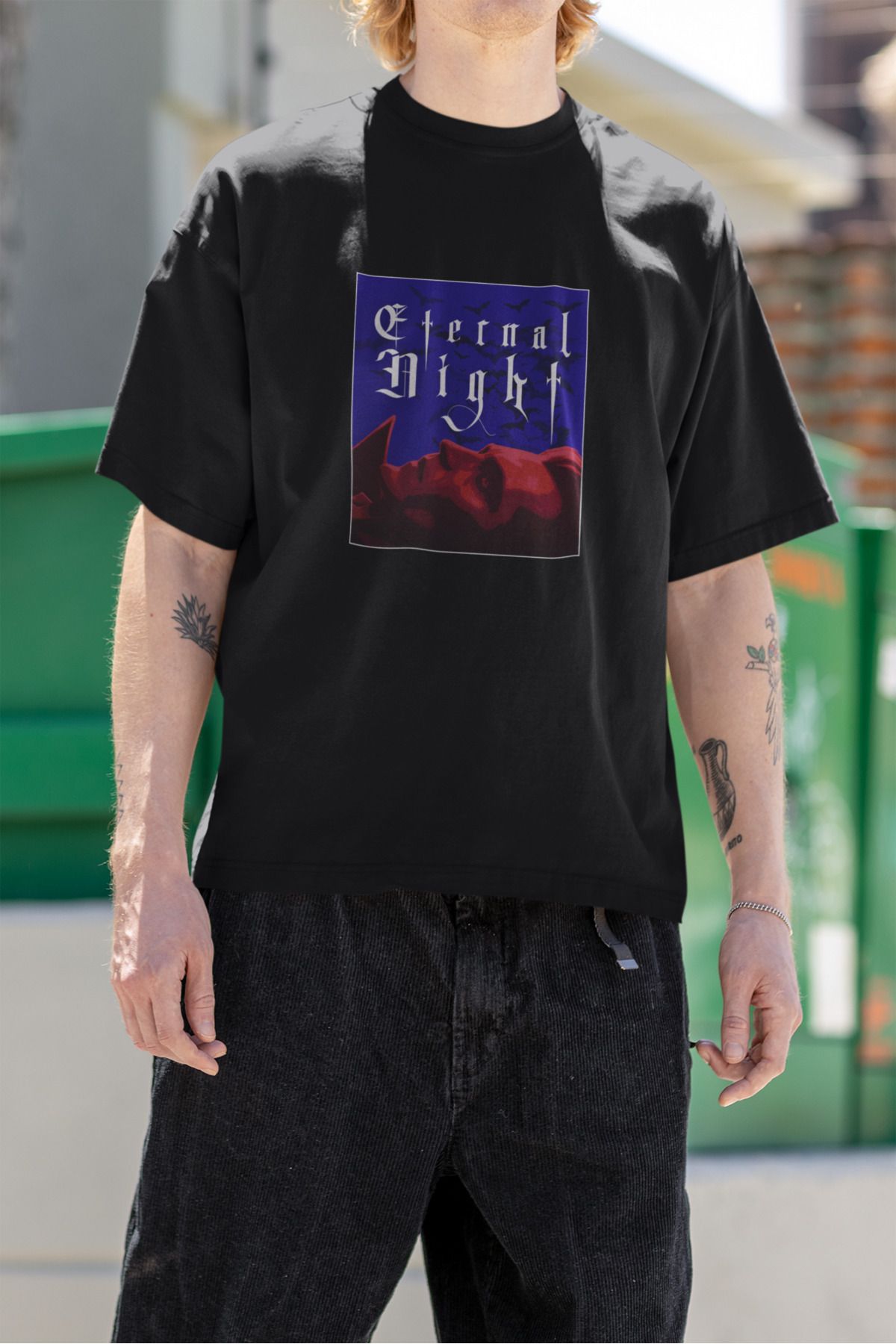 Was Plus Unisex Siyah Oversize %100 Pamuklu "Eternal Night" Gotik Vampir Baskılı T-shirt