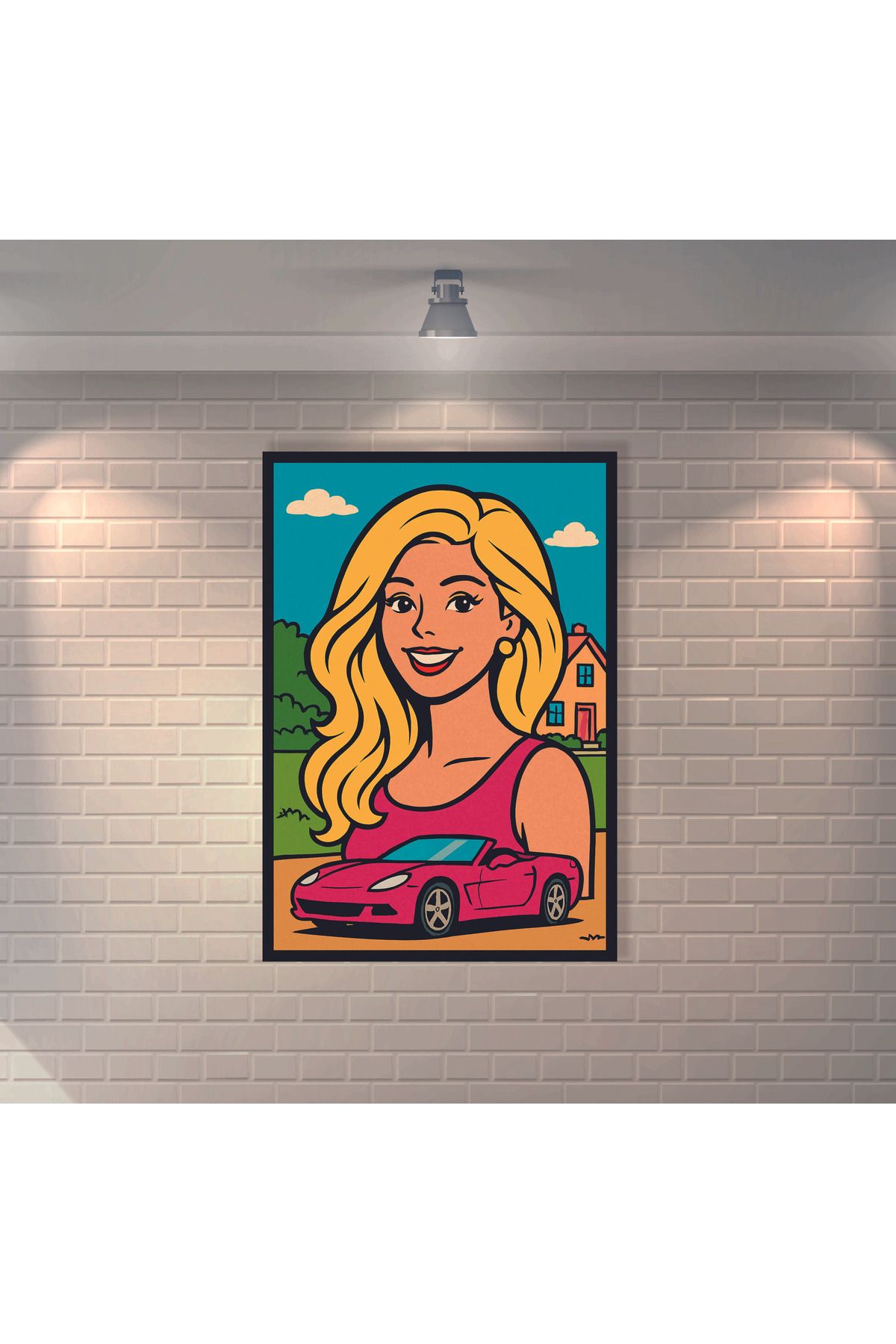 BBO REKLAM Spor Araba ve Sarışın Kız Retro MDF Duvar Dekarasyon Tablosu