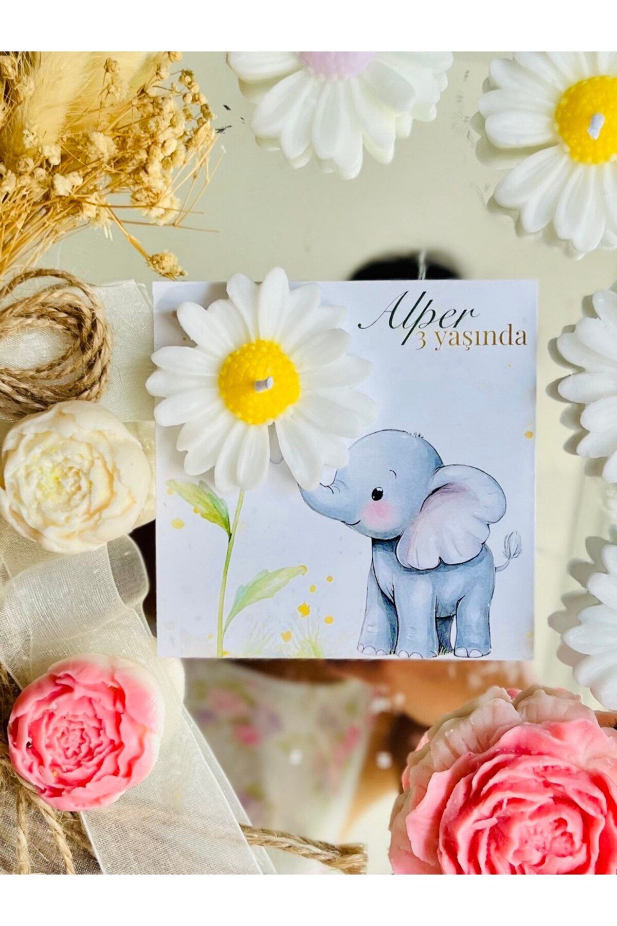 GUGES 10 Adet Özel Tasarlanmış Kart Ve Papatya Mum. Bebek Doğum, Babyshower, Doğum Günü, Hediyelik