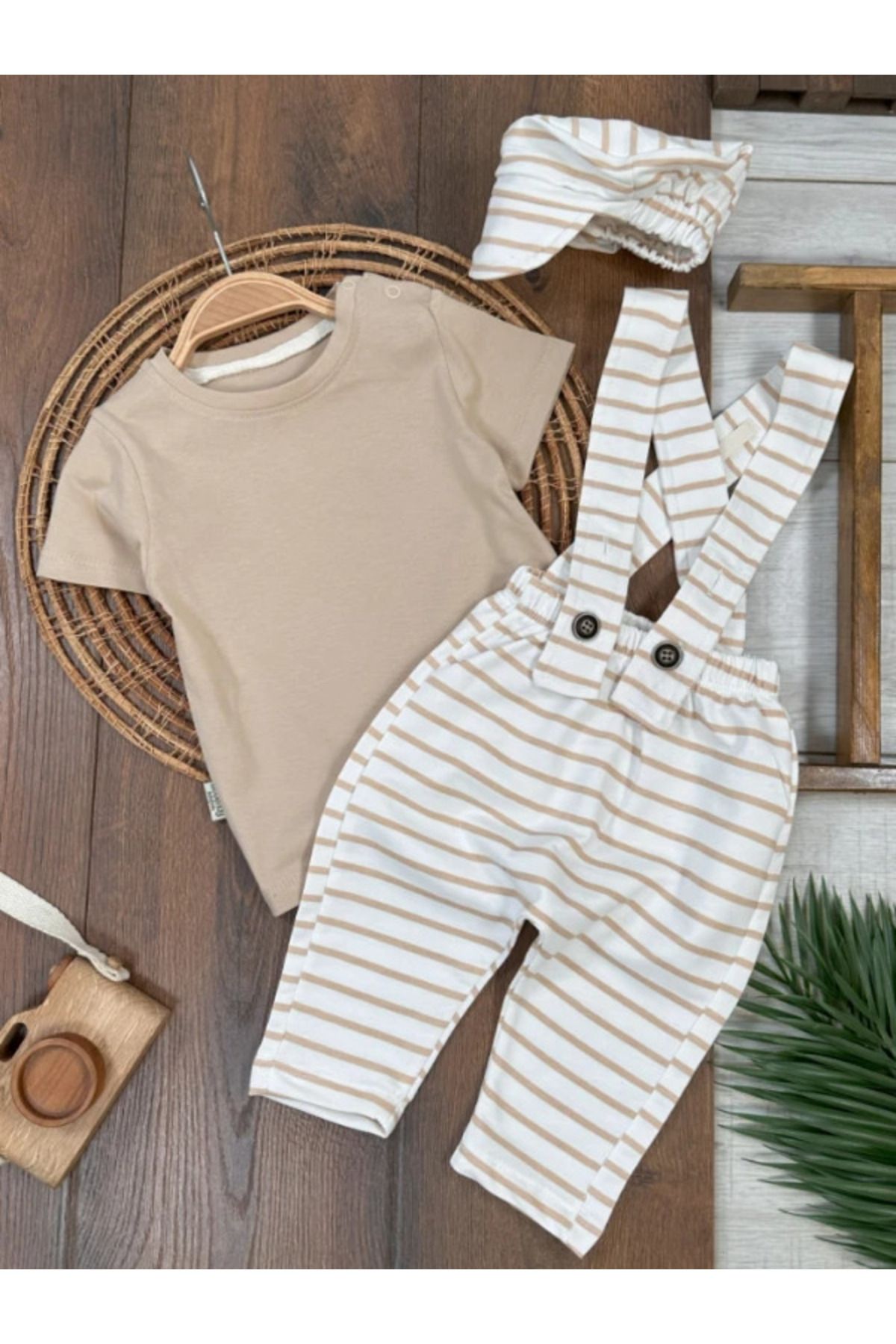 BİSCOİ babybiscoi Enine Çizgili Tişörtlü Şapkalı Salopet
