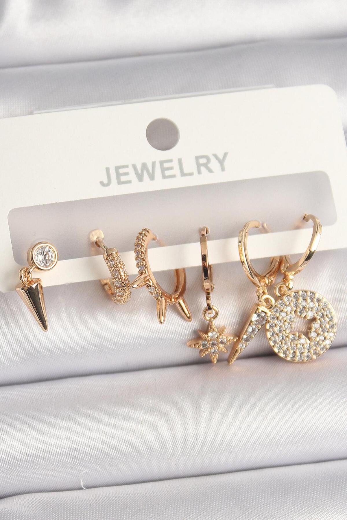 AfraBeauty 925 Ayar Paslanmaz Çelik Gold Zirkon Taşlı Çoklu Figür Kadın Küpe Seti