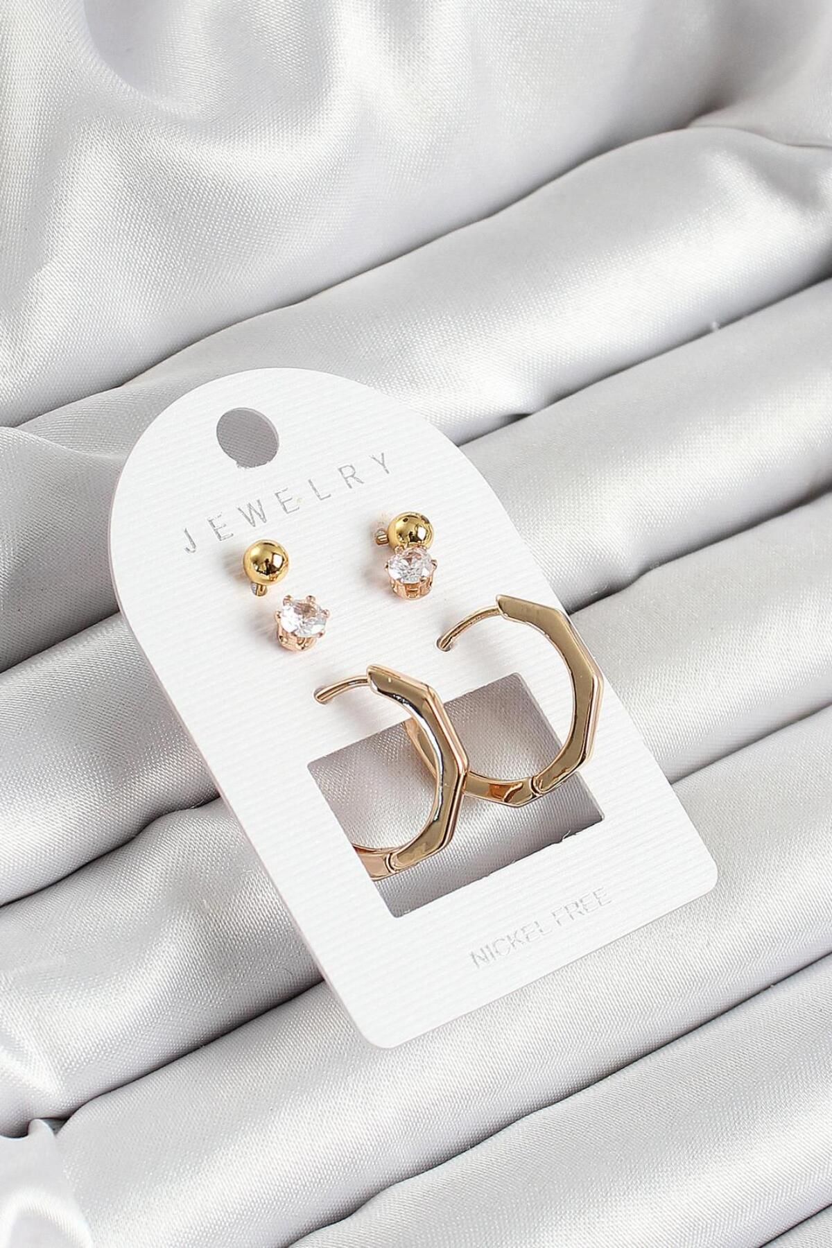 AfraBeauty 925 Ayar Paslanmaz Çelik Zirkon Taş Ve Kemik Halka Figürlü Gold 3'lü Çift Kadın Küpe Set