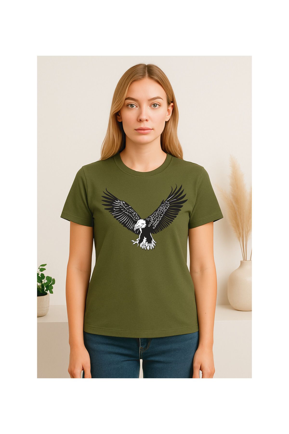 MODA Kısa Kollu, Regular Kalıp, Kartal Desenli, Pamuklu T-shirt
