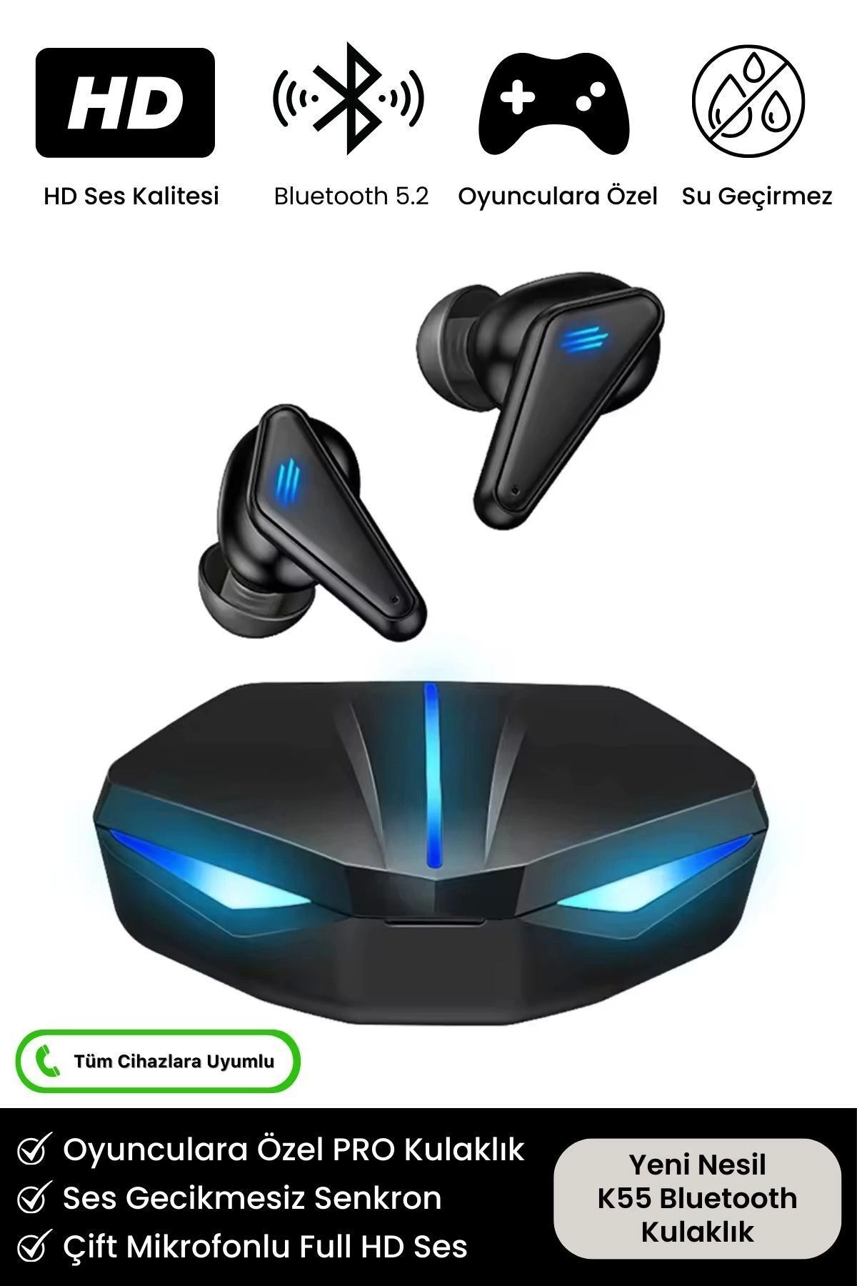 hayalimsah K55 Tws Pro Oyuncu Kulaklığı 3D Stereo Ses Extra Bass Işıklı Mikrofonlu Bluetooth Kablosuz Kulaklık
