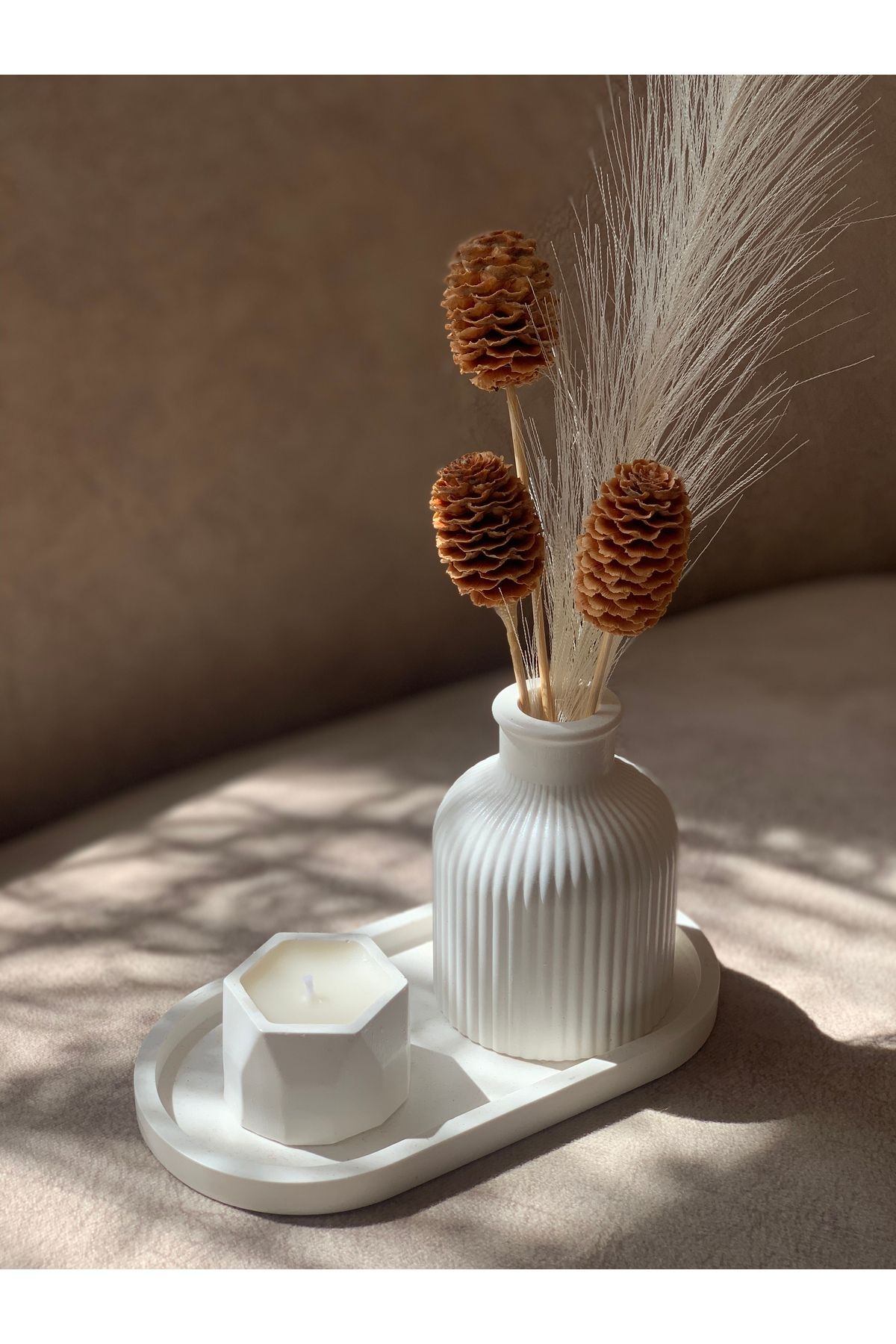 shop Dekoratif Kokulu Mum ve Kurutulmuş Çiçekli Vazo Seti | Minimalist Ev Dekoru