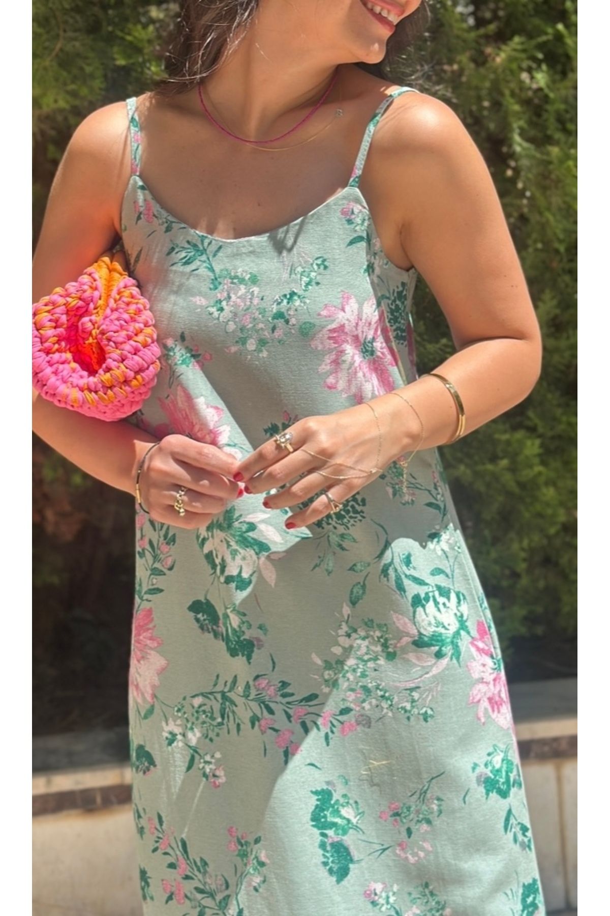 LaSorella Butik KADIN KETEN YEŞİL ÇİÇEKLİ ELBİSE