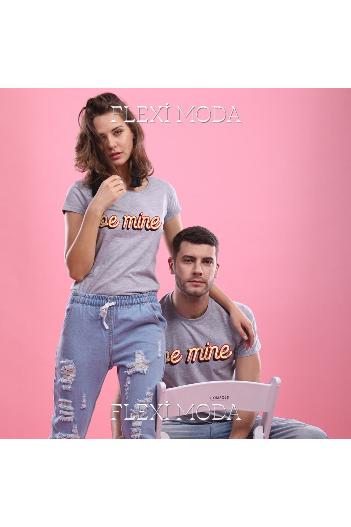 Hunors Sportswear & Company Be Mine Please! (Grey) Couples Yazılı Sevgili Çift Kombini Oversize 2'li Tişört