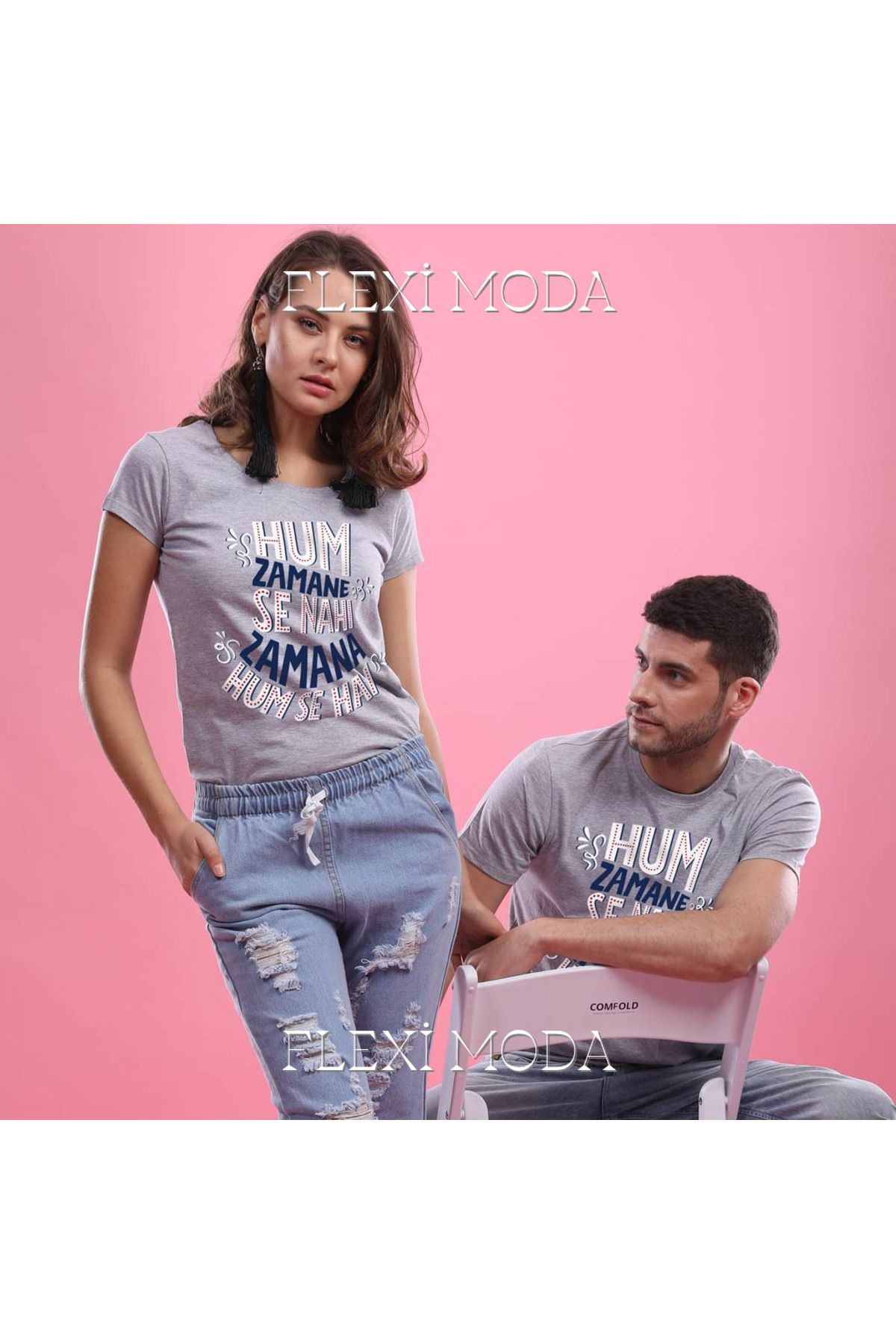Hunors Sportswear & Company Hum Zamane Se Nhi, Zaman Humse Hai, Temalı Sevgili Çift Kombini Oversize 2'li Tişört