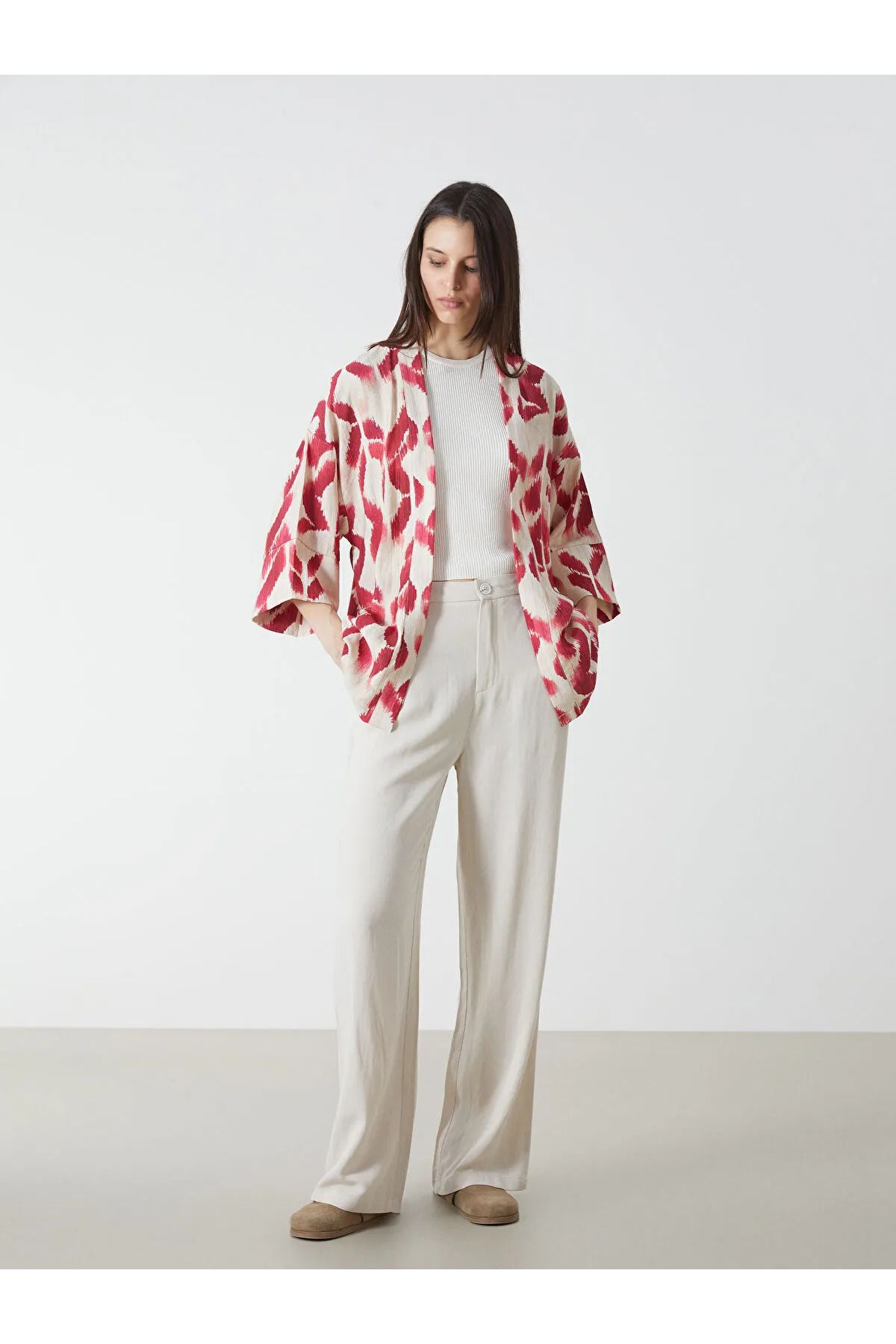 LC Waikiki Şal Yaka Desenli Oversize Kadın Kimono