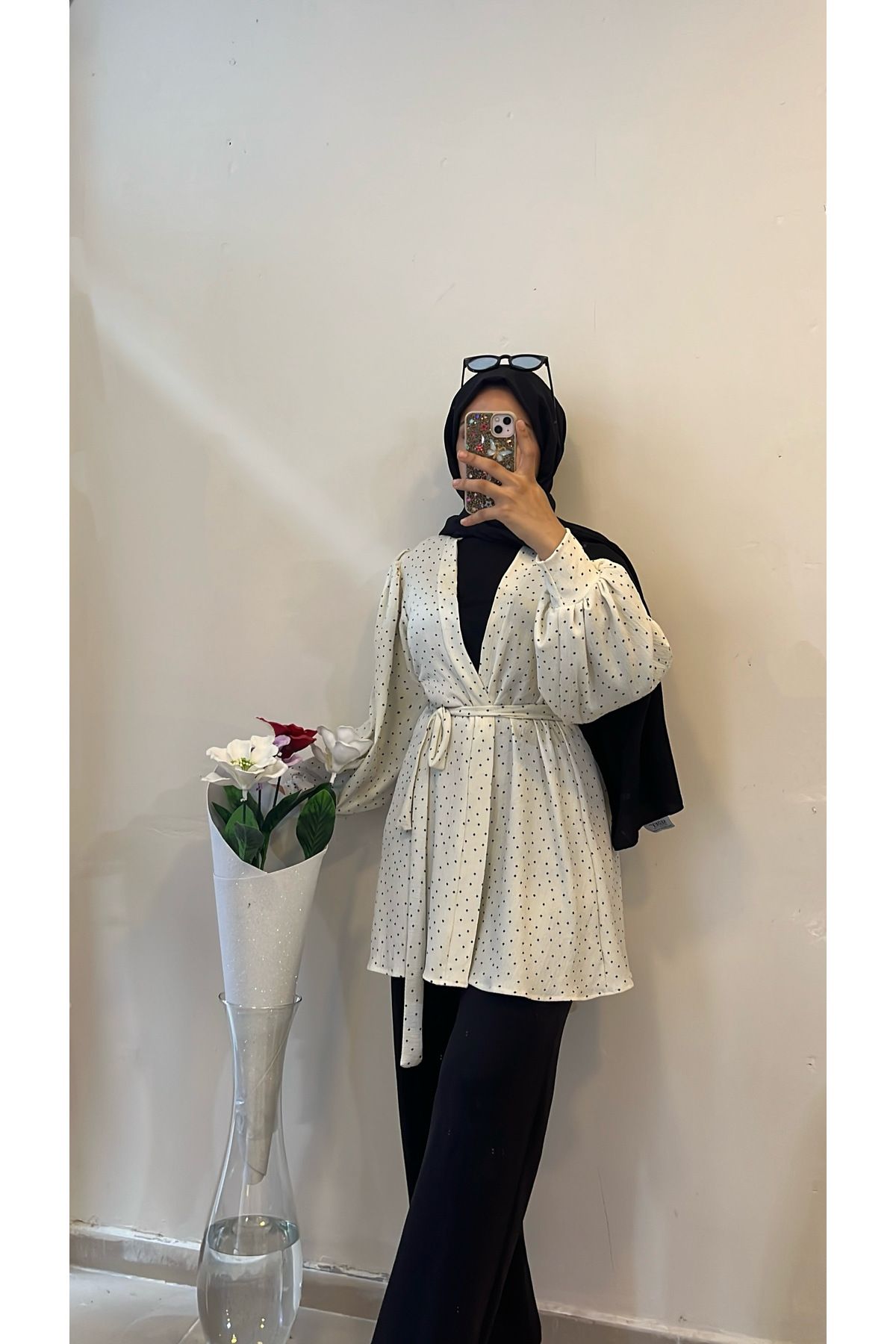 DİLEKBUTİK beyaz siyah puantiyeli bürümcük kimono