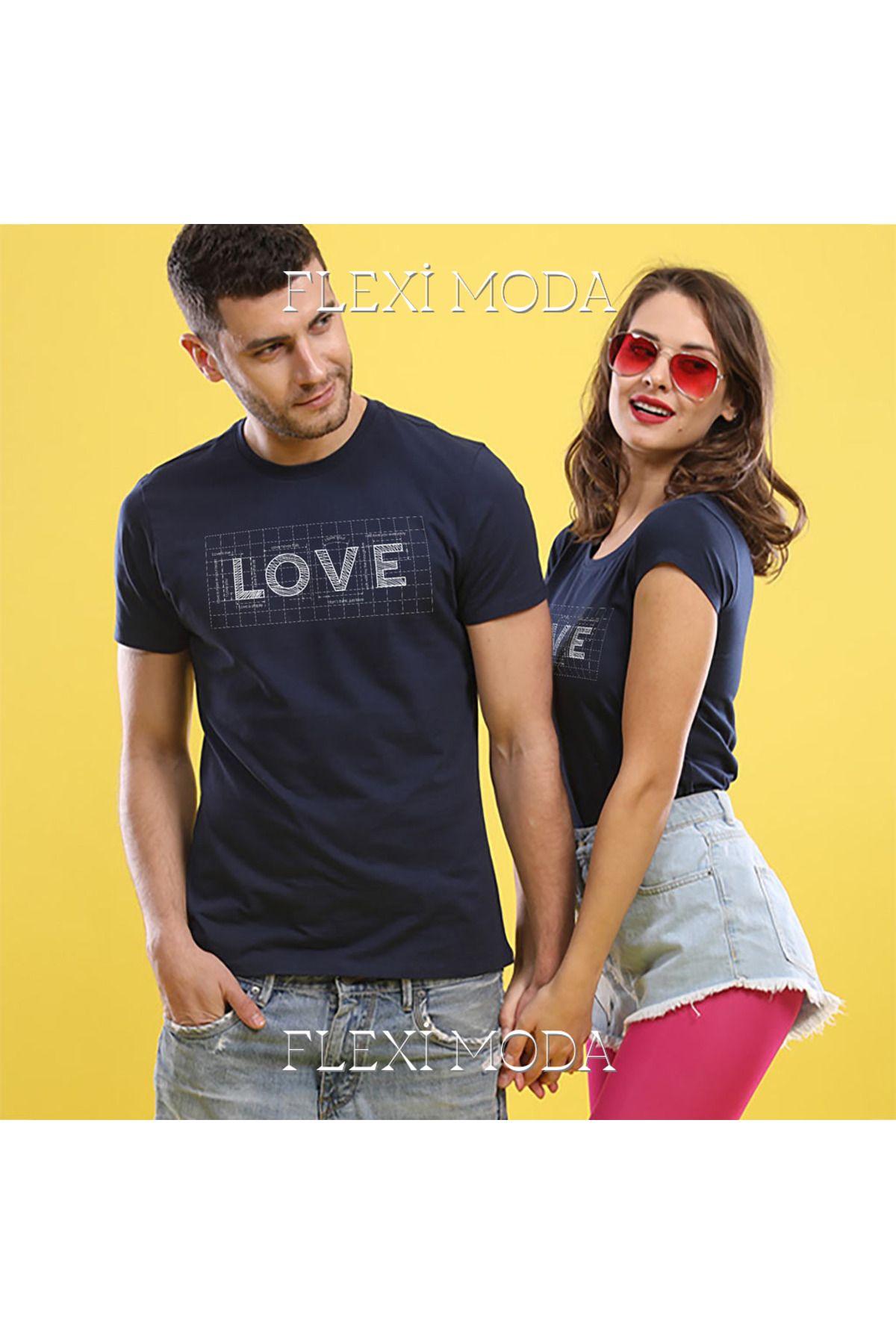 Hunors Sportswear & Company Love Grid Yazılı Sevgili Çift Kombini Oversize 2'li Tişört