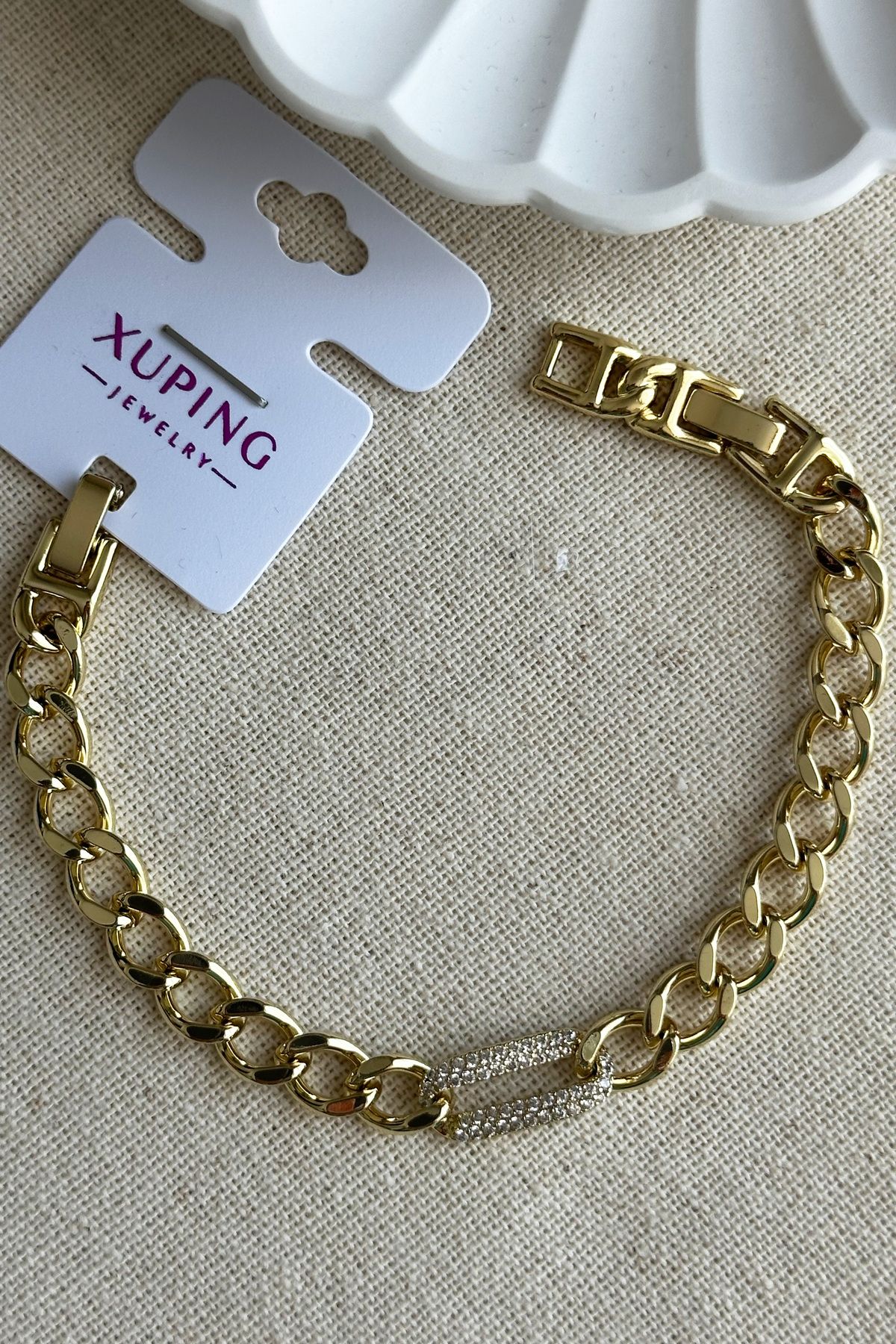 Modacaprea Xuping 14K Açık Zincir Taşlı U Kadın Bileklik – 17+2 cm | Altın Renk Kararmaz Xuping Takı