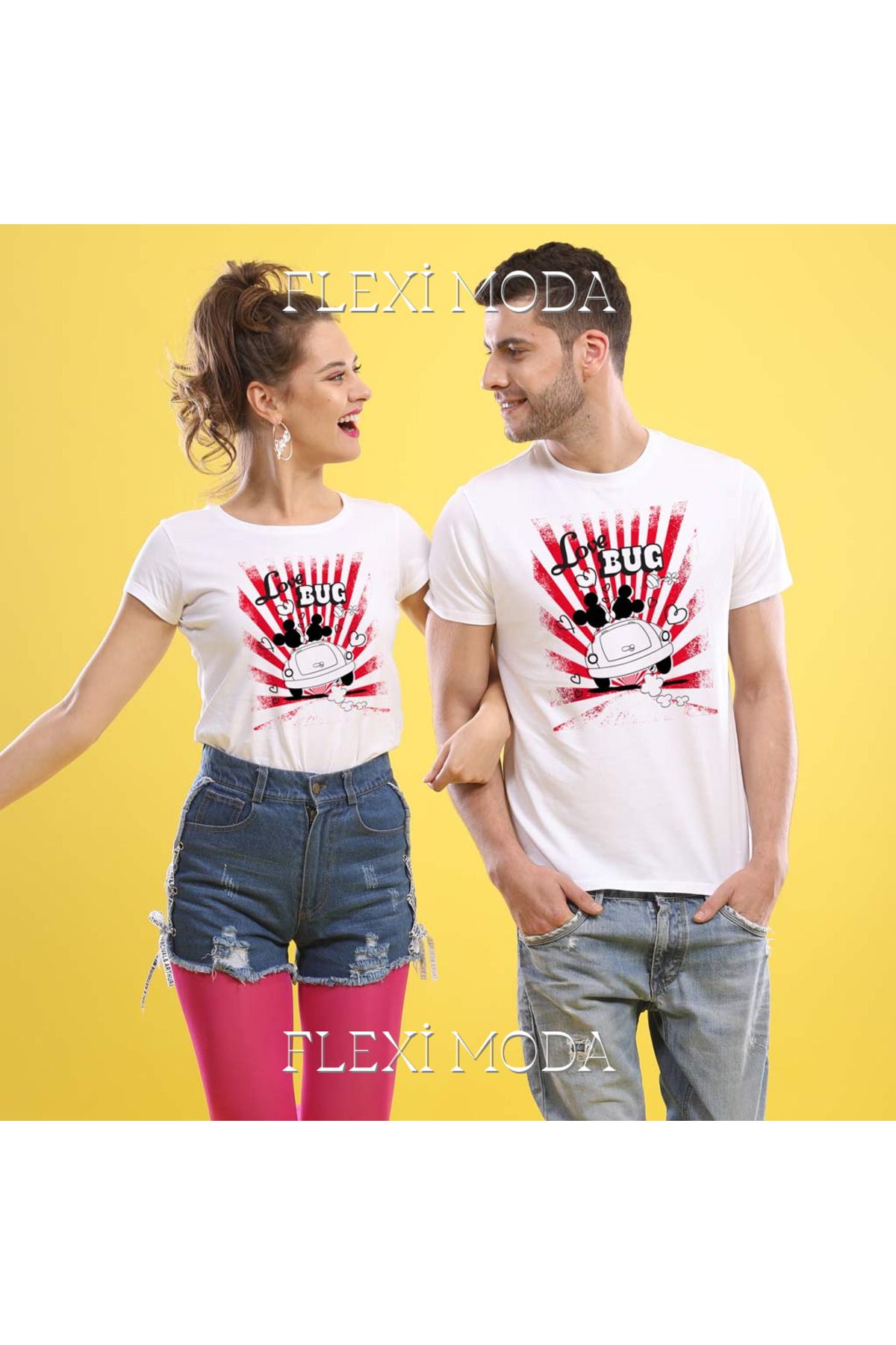 Hunors Sportswear & Company Love Bug, Disney Yazılı Sevgili Çift Kombini Oversize 2'li Tişört