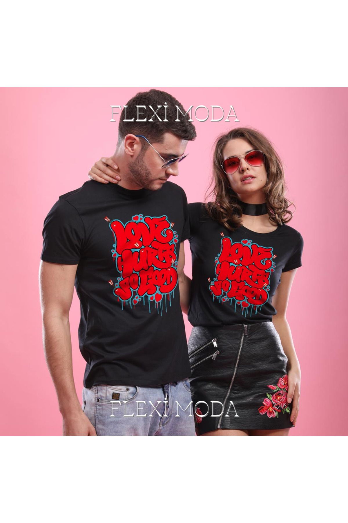 Hunors Sportswear & Company Love Hurts So Good Yazılı Sevgili Çift Kombini Oversize 2'li Tişört